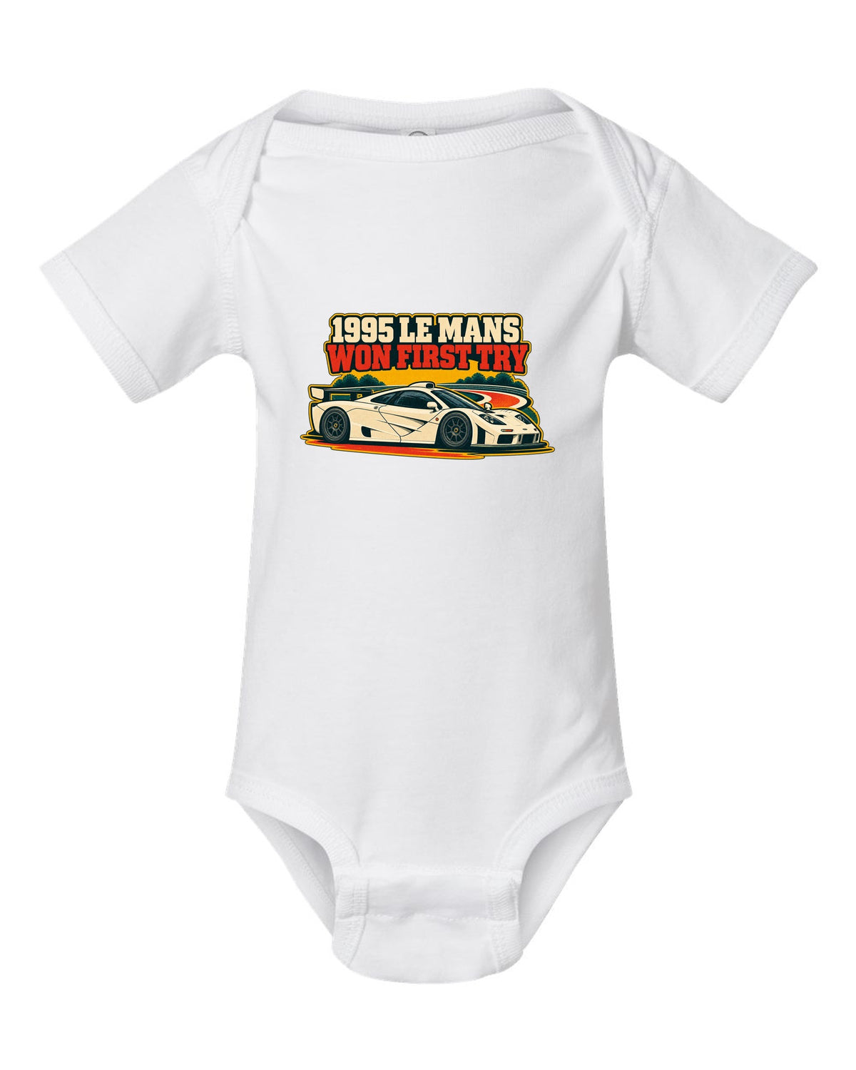 Vintage race poster print of the McLaren F1 GTR with 1995 Le Mans Won First Try lettering white baby onesie front view with the design