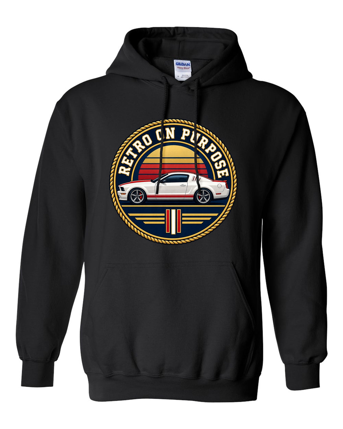 Varsity crest of a 2005-2014 S197 Ford Mustang fastback with Retro on purpose text black pull over hoodie front view with the design