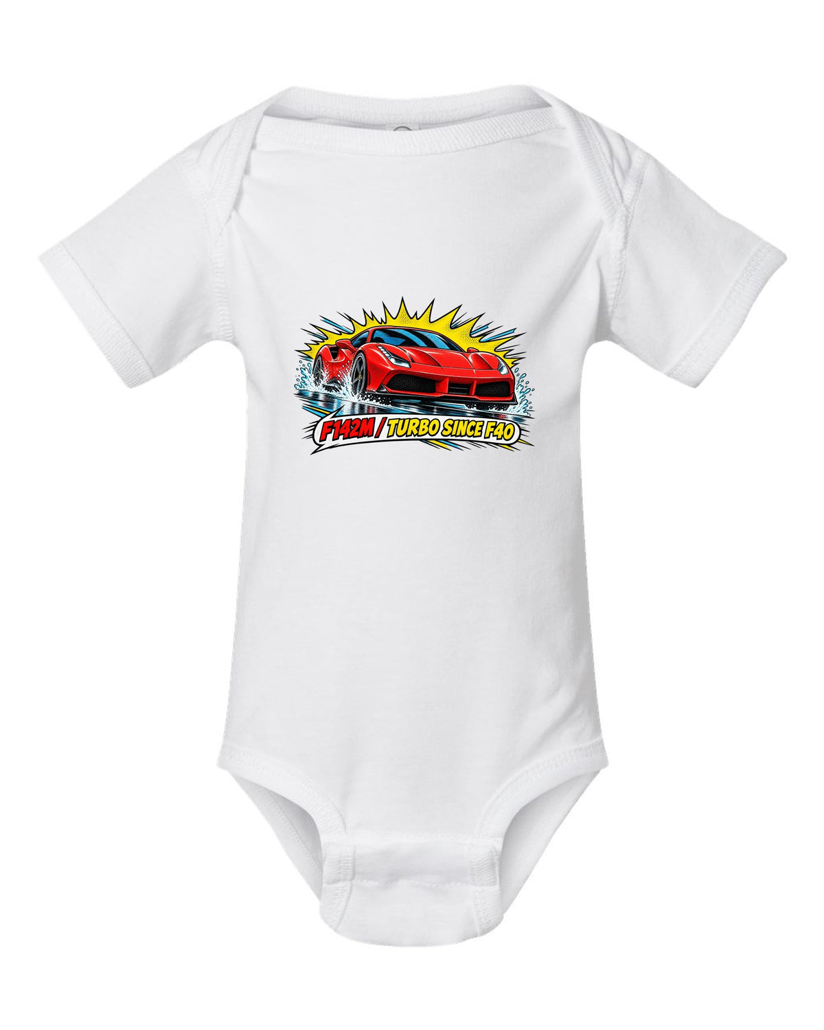 Comic halftone pop-art print of the Ferrari 488 GTB F142M with the text F142M, turbo since F40 white baby onesie front view with the design