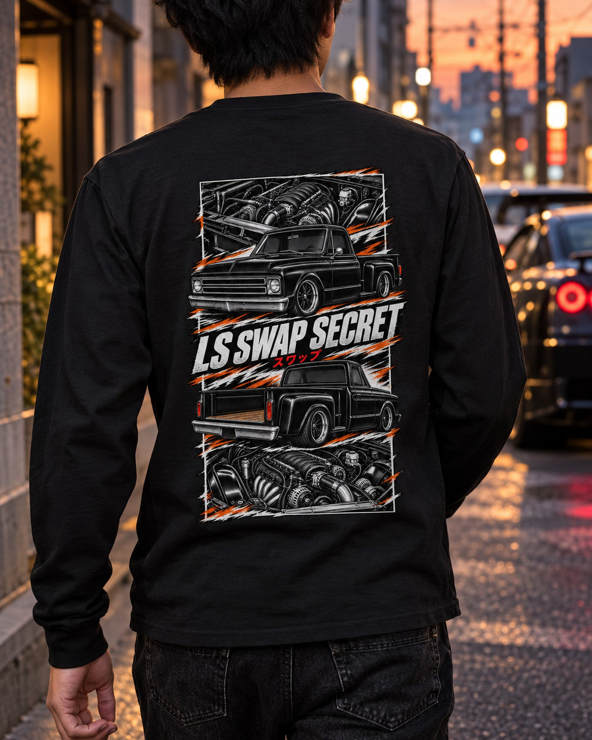 Chevy C10 LS Swap Torn Poster Full-Back Graphic Tee Long Sleeve Black worn hero