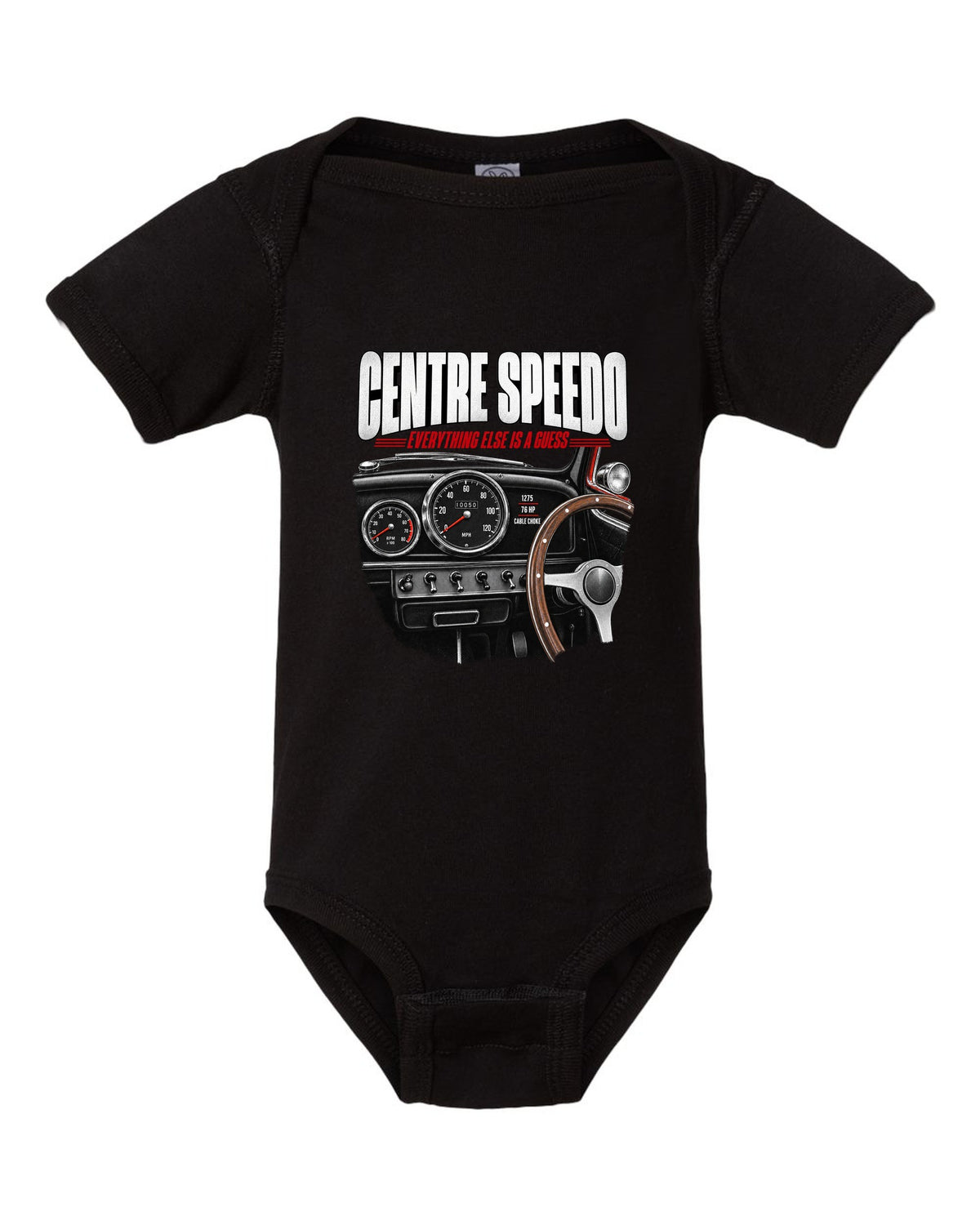print of the 1967 Classic Mini Cooper S interior with centre speedometer and 1275 spec lettering black baby onesie front view with the design