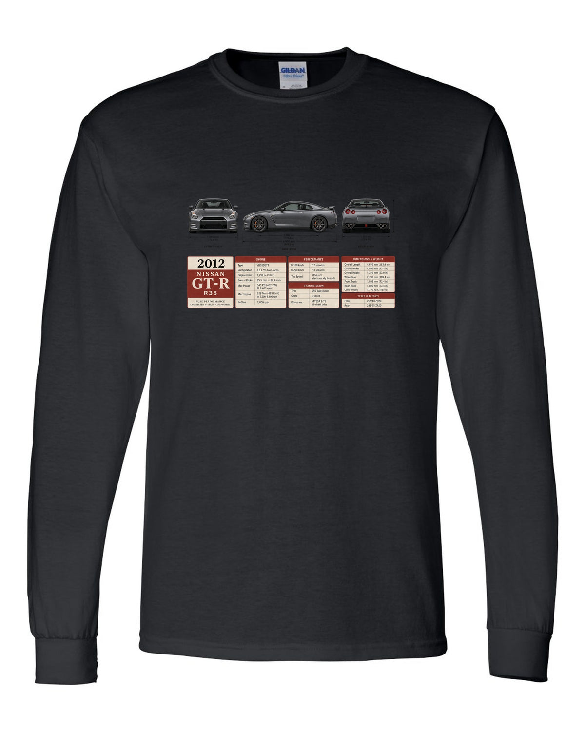Three-view drawing and spec table of a 2012 Nissan GT-R R35 in graphite grey black long sleeve front view with the design