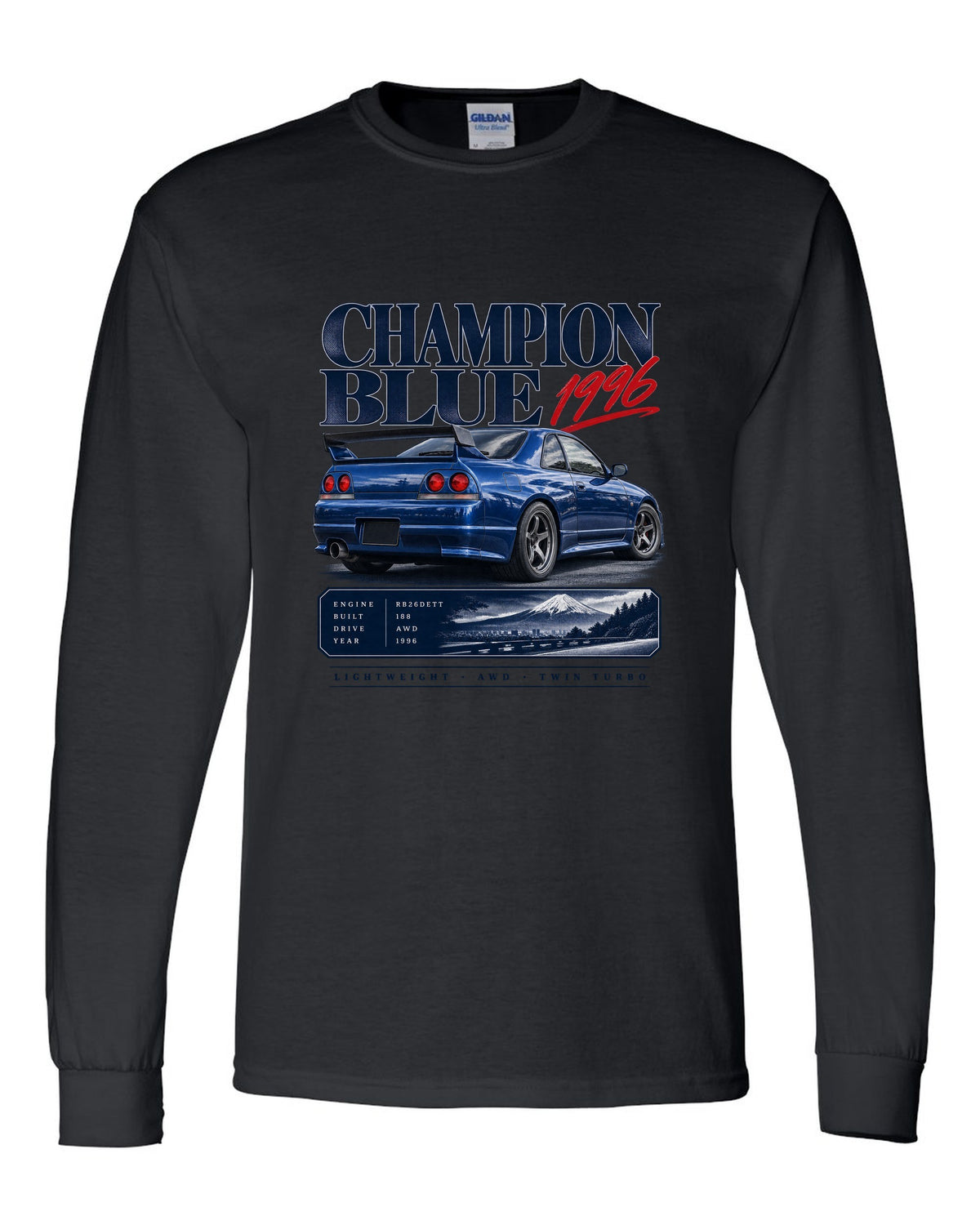 Archive panel of a Nissan Skyline GT-R R33 LM Limited in Champion Blue with 1996 and 188 made lettering black long sleeve front view with the design