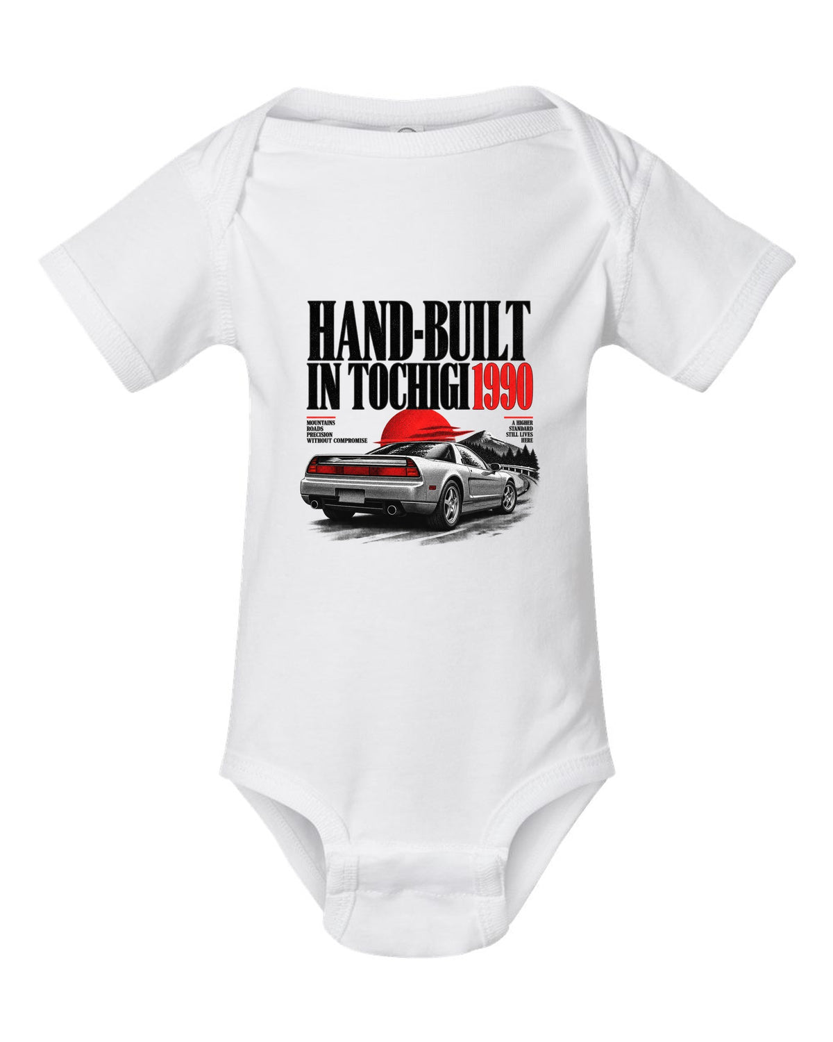 Honda NSX NA1 editorial headline design with hand-built in Tochigi 1990 text white baby onesie front view with the design