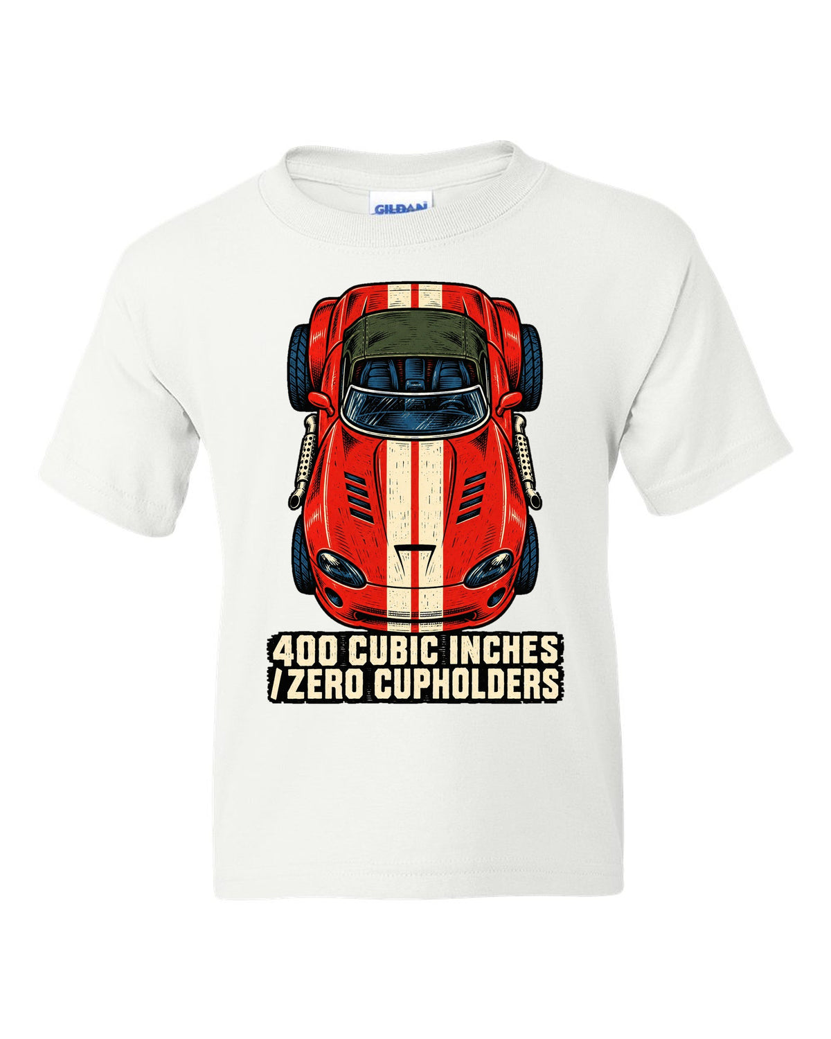 Four-ink linocut print of a 1993 Dodge Viper RT/10 with zero cupholders text white kids tee front view with the design