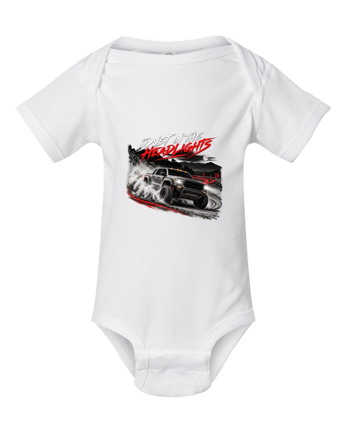 Ford Ranger Raptor 2024 P703 dust night print with Redback, 3.0 TT and 405 HP white baby onesie front view with the design