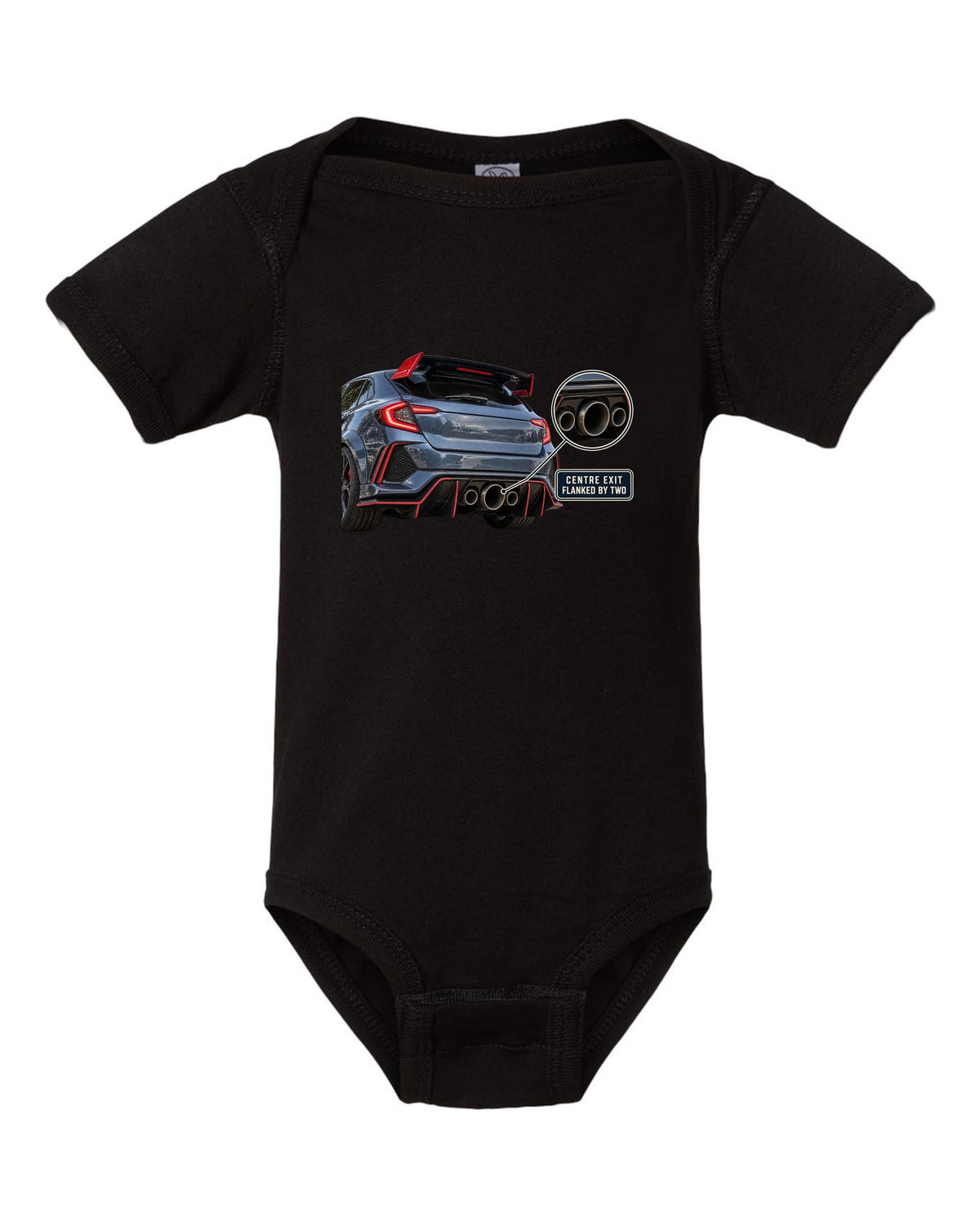 print rear close-up of a Honda Civic Type R FK8 with triple exhaust outlets black baby onesie front view with the design