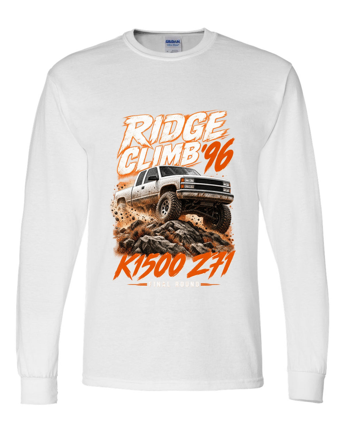 1996 Chevy K1500 Z71 OBS Ridge Climb race poster print white long sleeve front view with the design