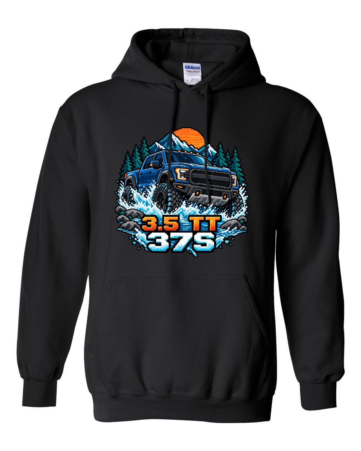 8/16-bit pixel art print of a Ford F-150 Raptor Gen 3 P702 crossing a river black pull over hoodie front view with the design
