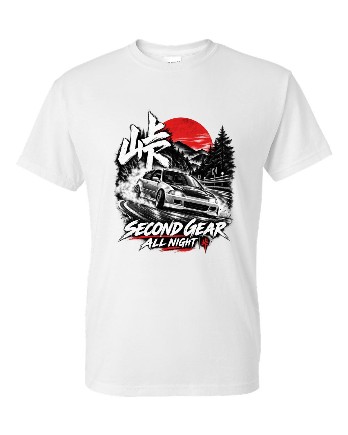 Touge night print of a 1992 Honda Civic EG6 SiR chback with second gear text white t-shirt front view with the design
