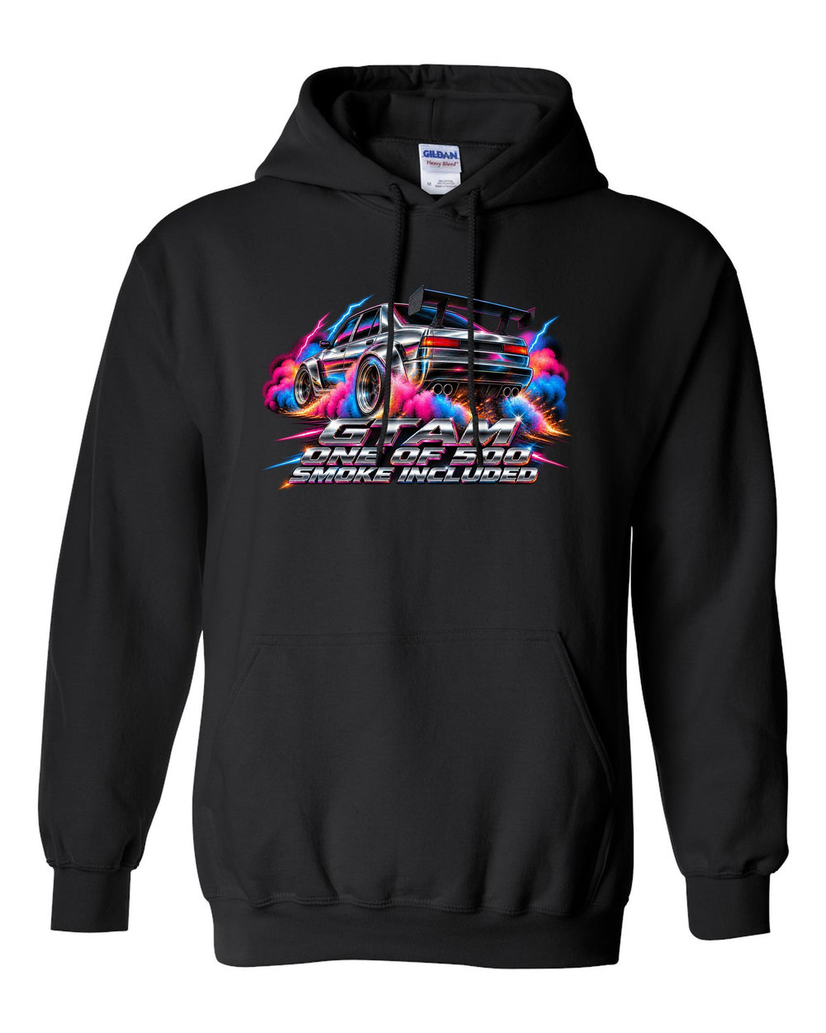 80s airbrush chrome style Alfa Romeo Giulia GTAm with one of 500 smoke included text black pull over hoodie front view with the design