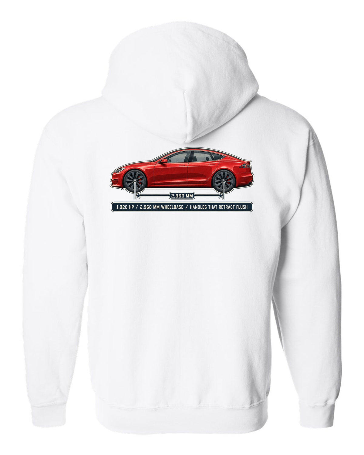 Tesla Model S Plaid Dimension Blueprint white zip hoodie back view with the design