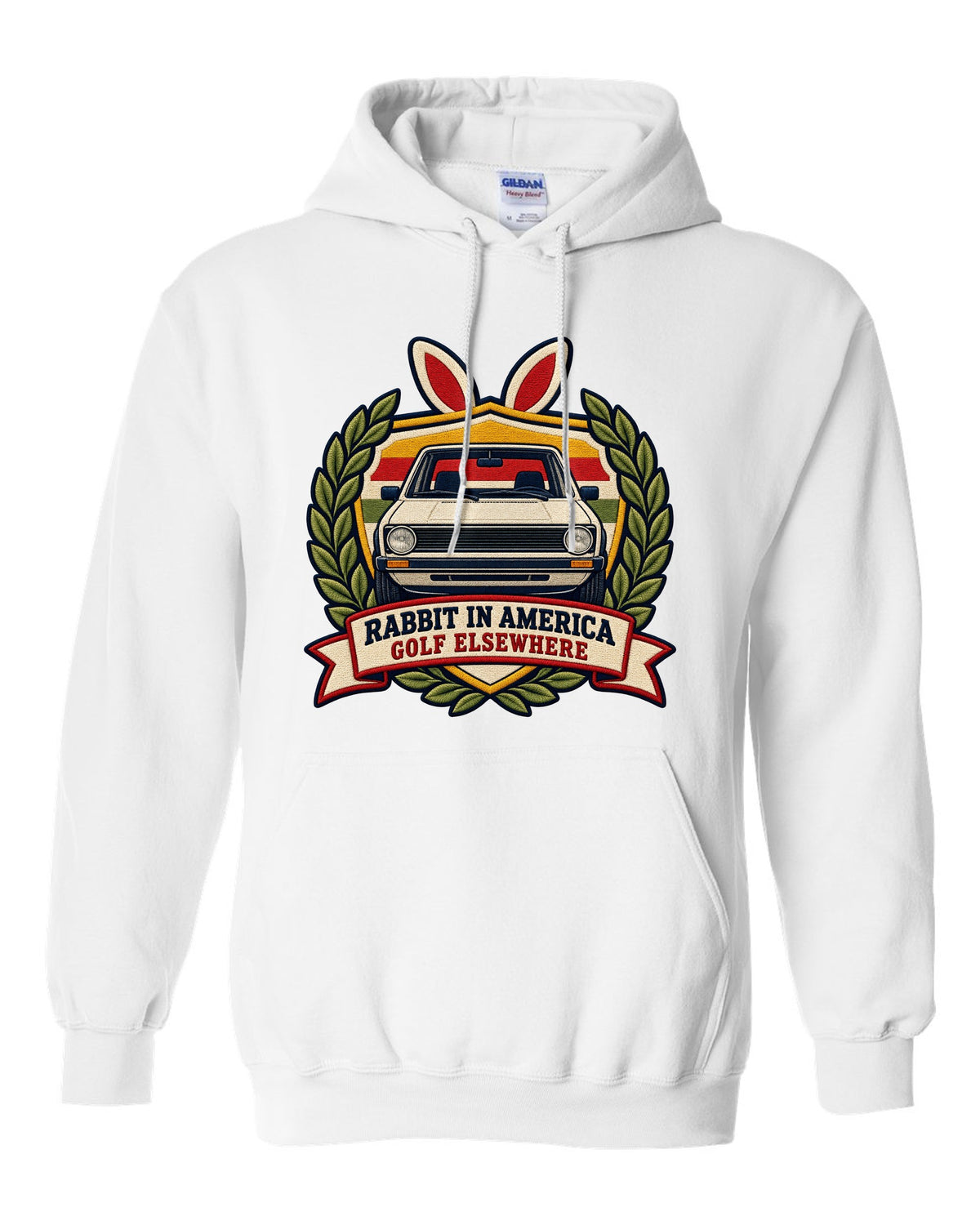 Varsity crest print of a VW Golf Mk1 Rabbit with Golf elsewhere text white pull over hoodie front view with the design