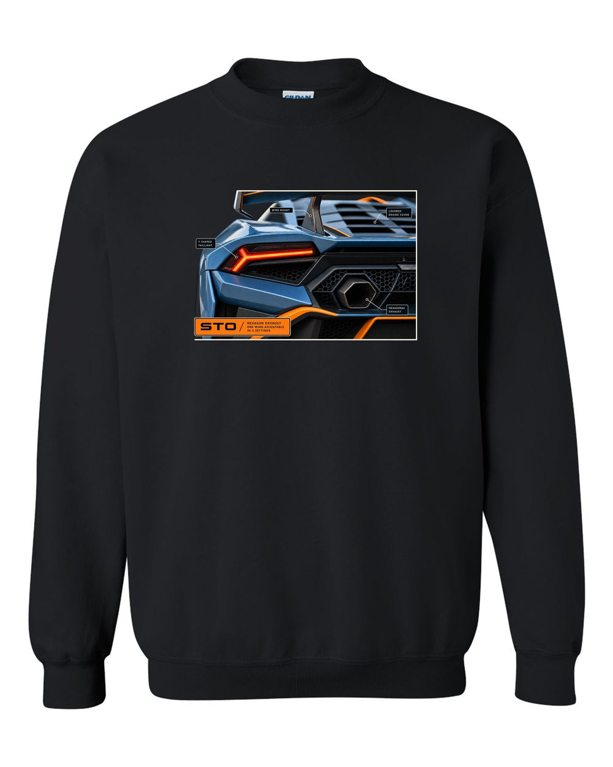 Taillight and hexagon exhaust macro print of the Lamborghini Huracan STO black crewneck front view with the design