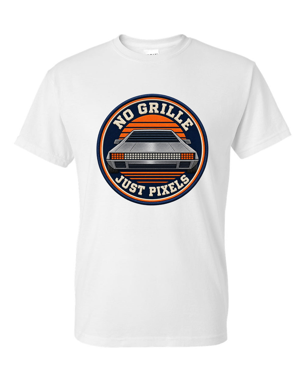 Varsity crest design of the Hyundai N Vision 74 concept with pixel styling white t-shirt front view with the design