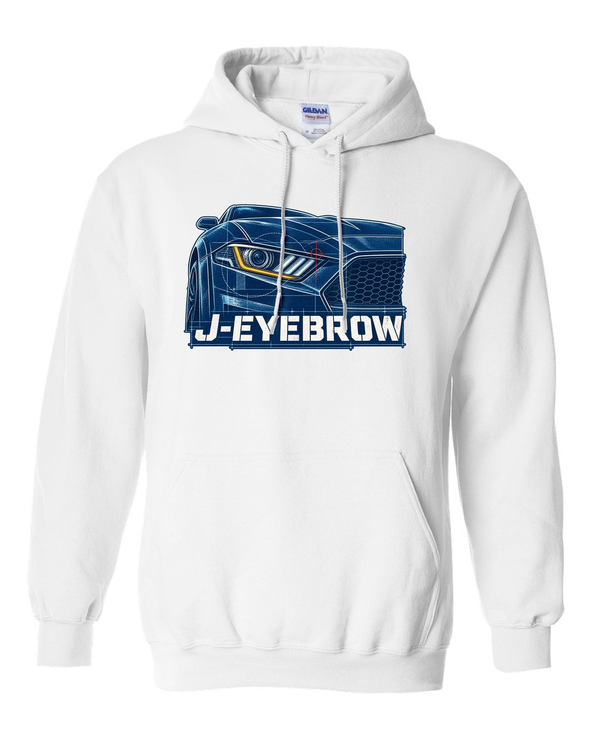 Cyanotype blueprint of a 2015-2023 S550 Ford Mustang fastback with J-Eyebrow label white pull over hoodie front view with the design