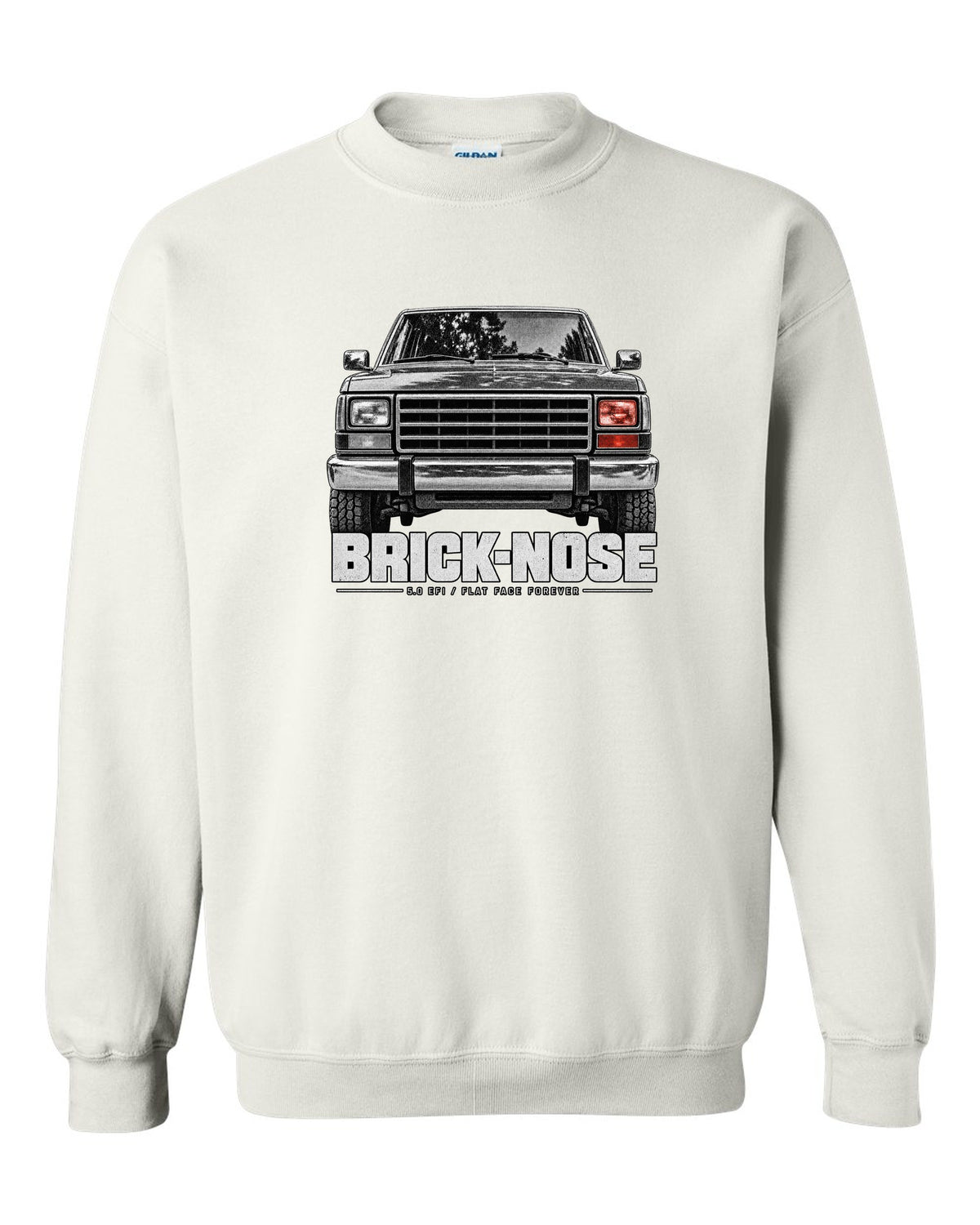 Ford Bronco Brick-Nose 1987-91 taillight macro print with 5.0 EFI text white crewneck front view with the design