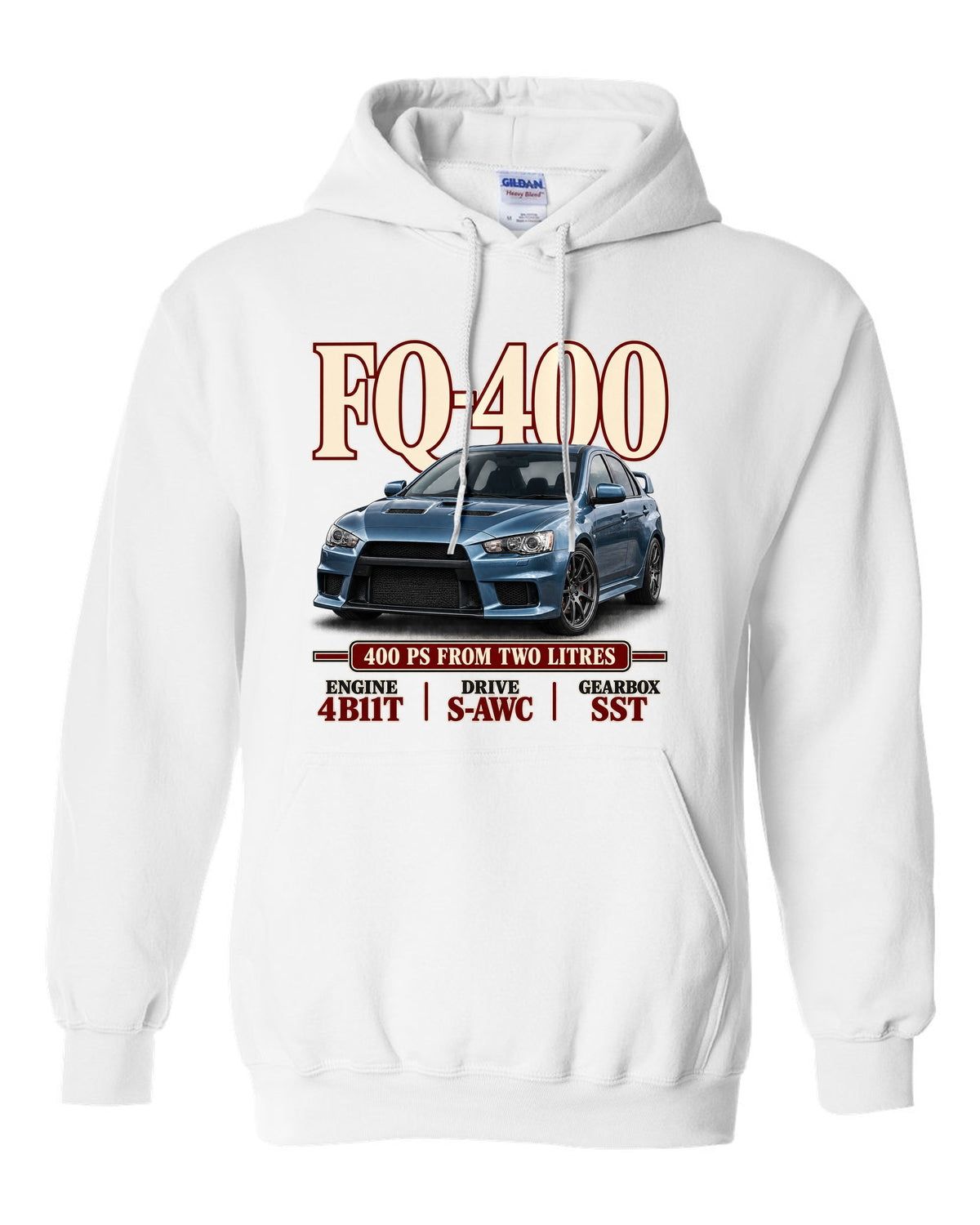 Mitsubishi Lancer Evolution X FQ-400 low front three-quarter archive panel print white pull over hoodie front view with the design