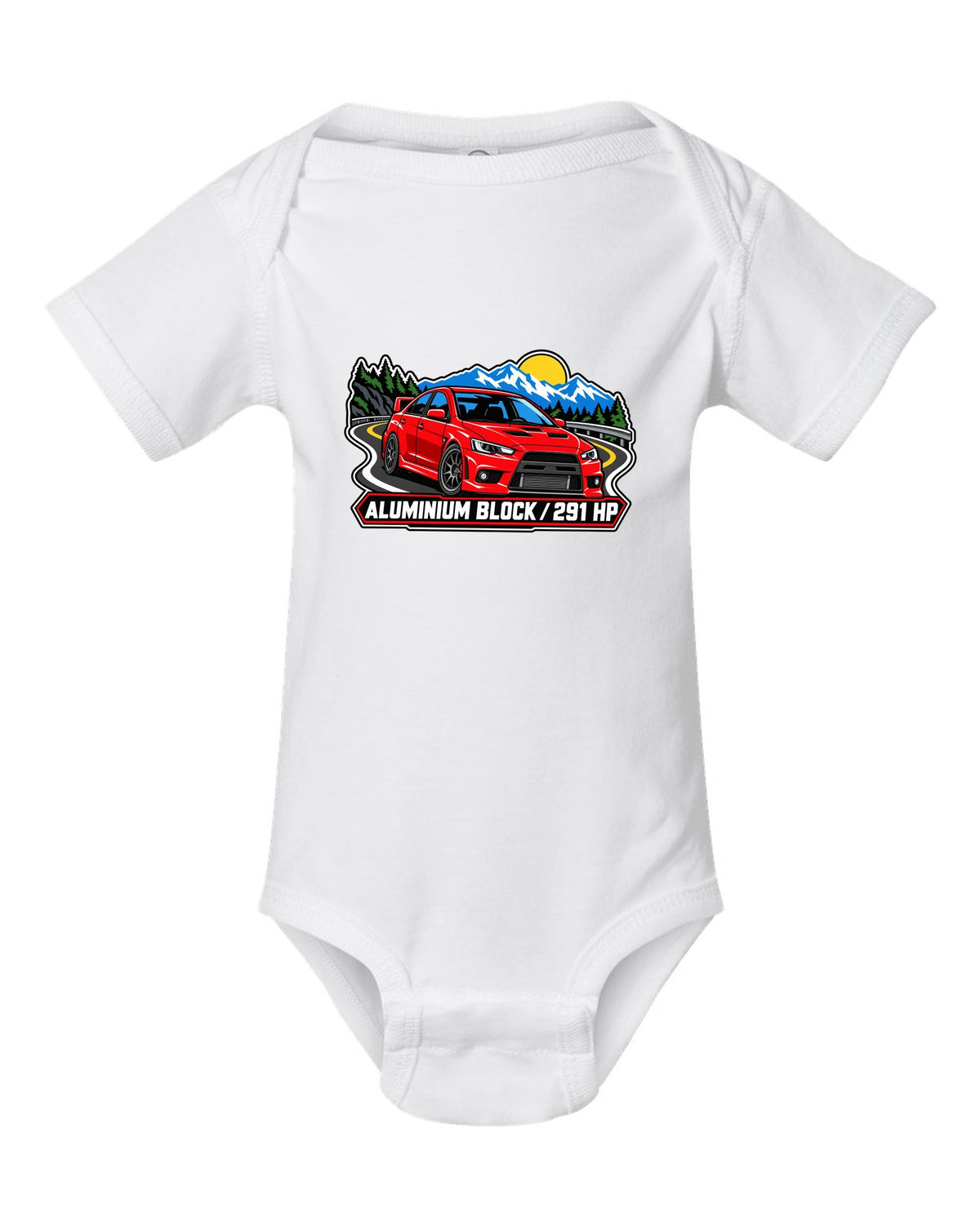 Bold three-colour screen-print style print of an airborne Mitsubishi Evo X CZ4A with all four left the ground text white baby onesie front view with the design