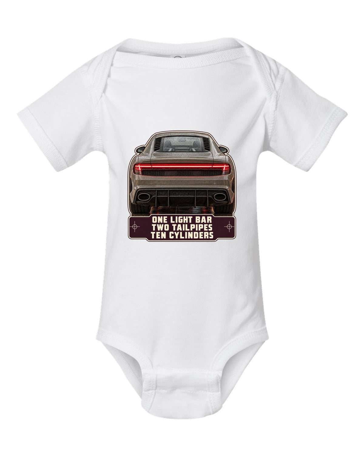 Audi R8 V10 performance rear taillight macro print design white baby onesie front view with the design