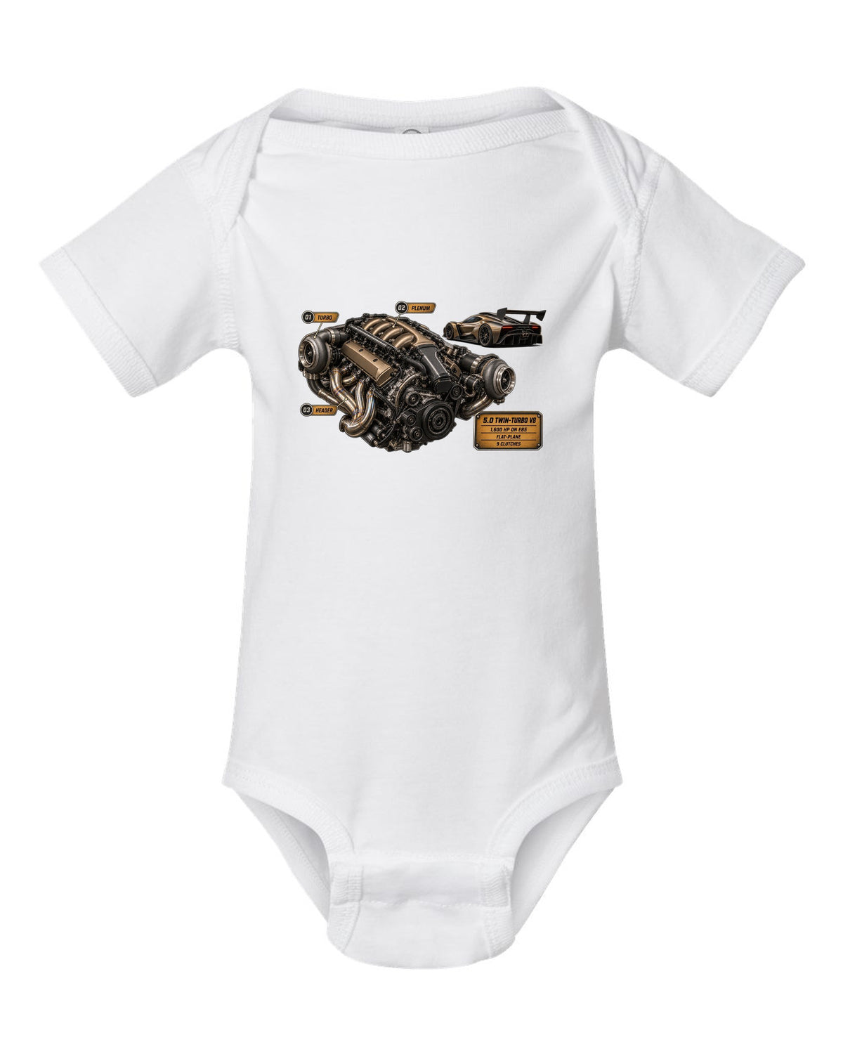 print engine hero of a Koenigsegg Jesko in bronze-grey carbon weave white baby onesie front view with the design