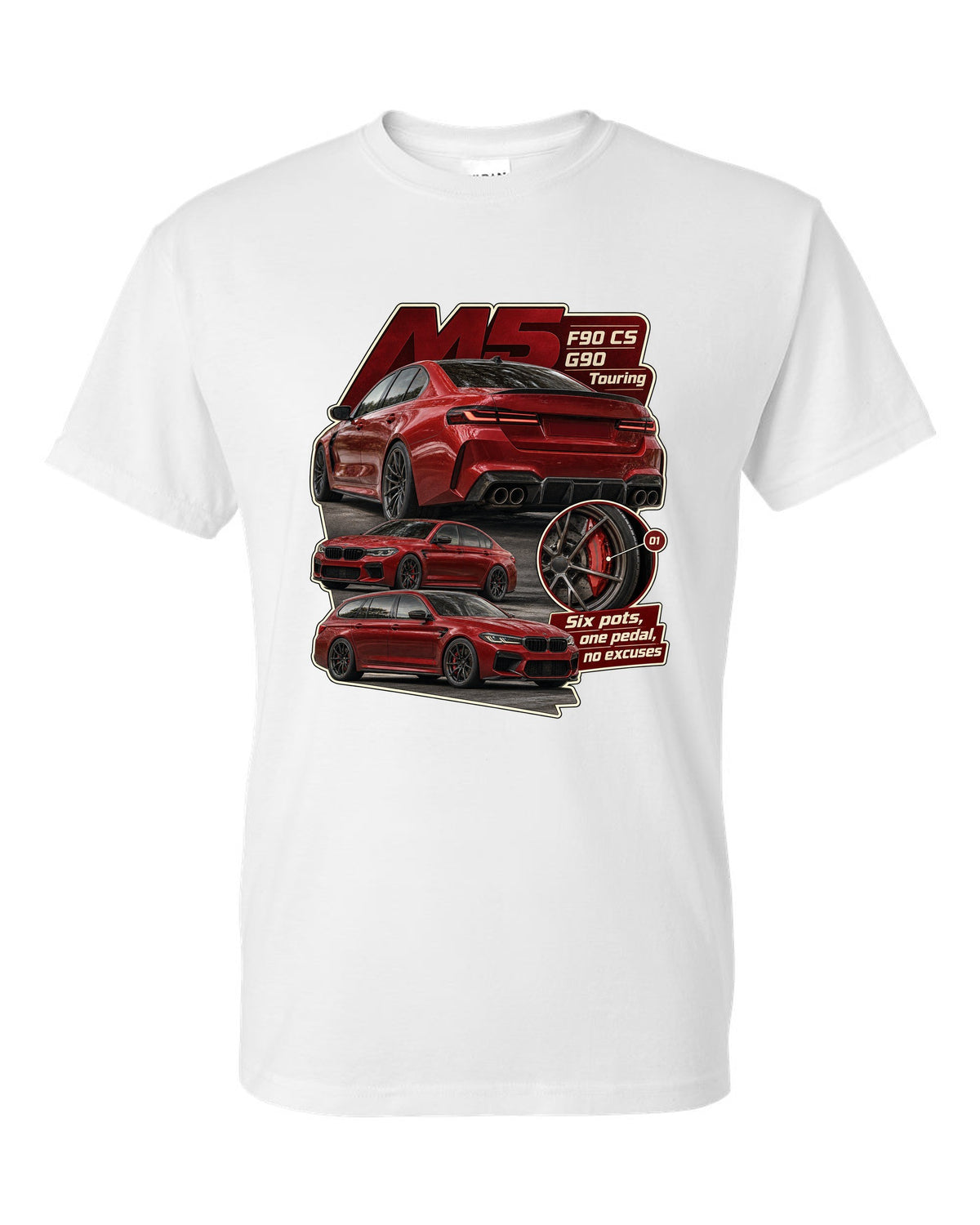 BMW M2 G87 in Toronto Red taillight macro print with six pots one pedal caption white t-shirt front view with the design