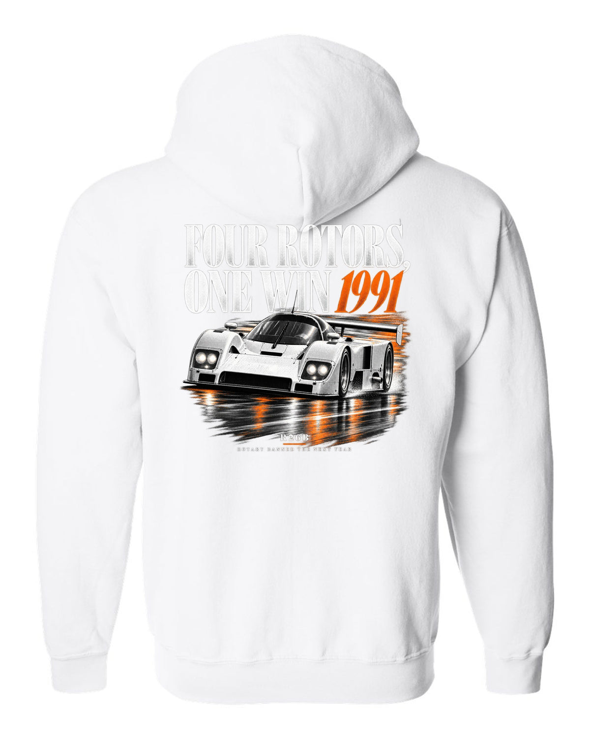 Mazda 787B four rotors editorial headline print, 1991 R26B white zip hoodie back view with the design