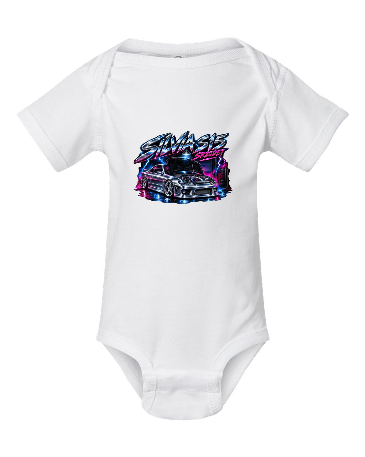 Airbrush chrome poster print of a Nissan Silvia S15 with SR20DET lettering white baby onesie front view with the design