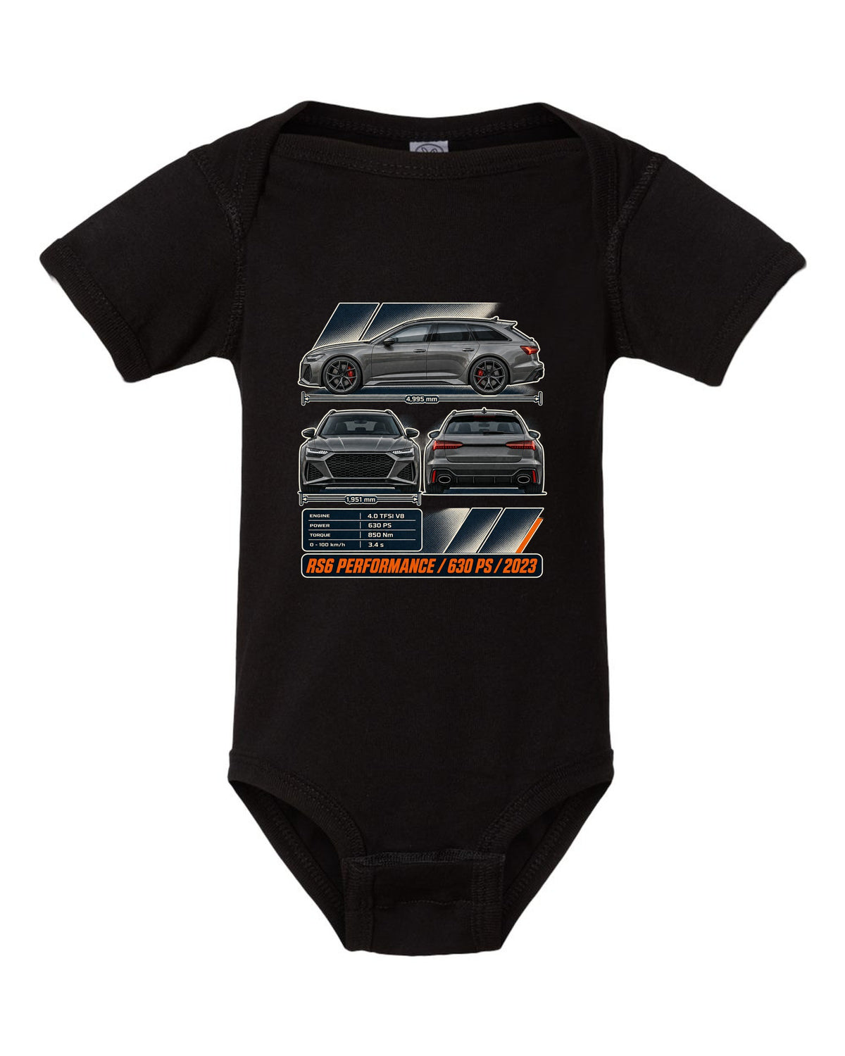 Audi RS6 Avant Performance three-view drawing with spec table black baby onesie front view with the design