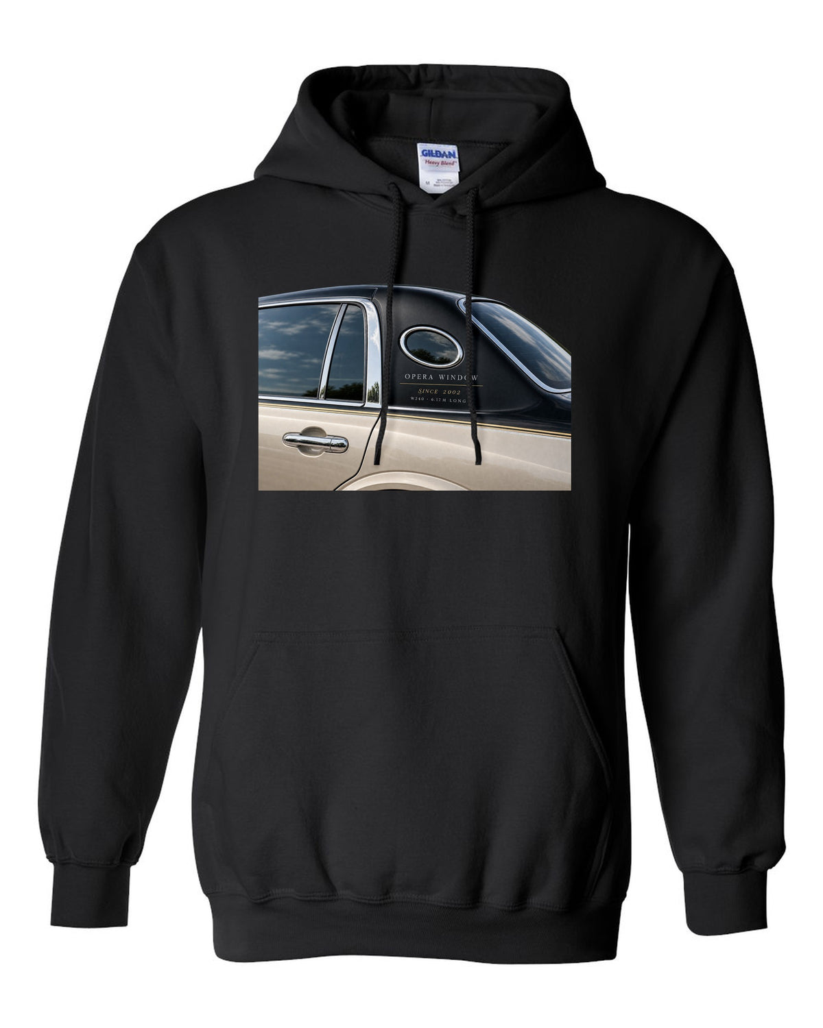 Detail macro print of a Maybach 62 W240 opera window with Since 2002 lettering black pull over hoodie front view with the design
