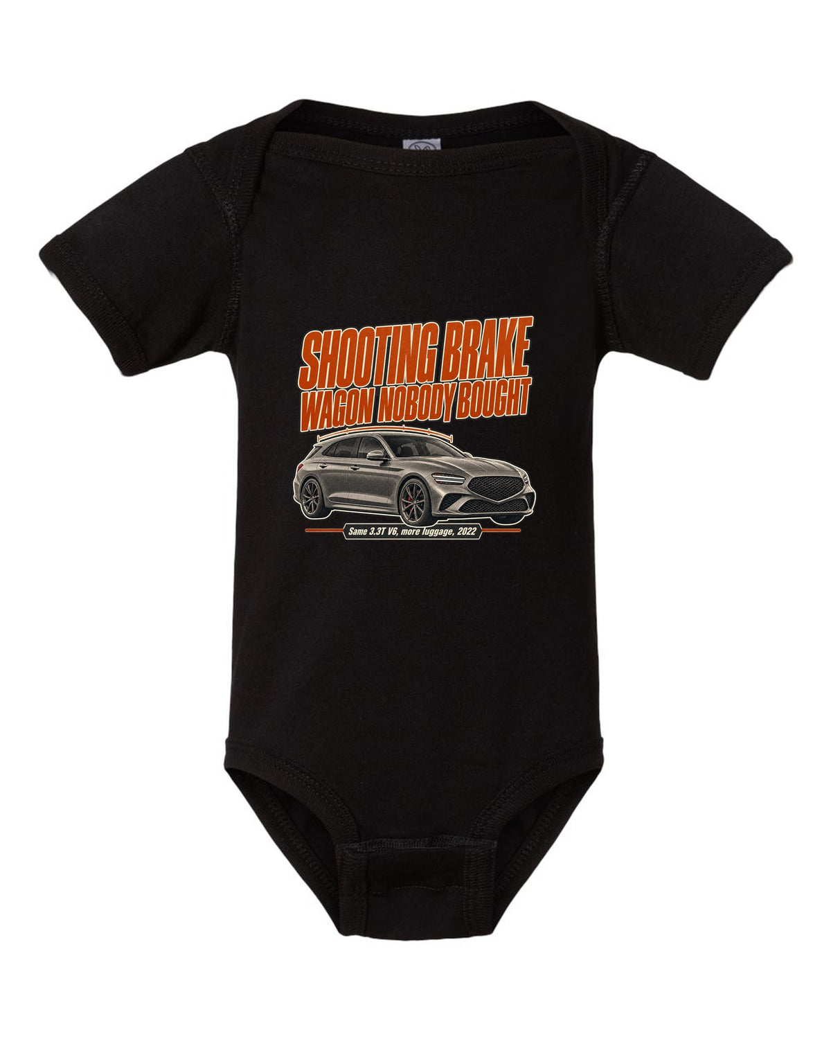Editorial headline print for the Genesis G70 Shooting Brake reading wagon nobody bought black baby onesie front view with the design