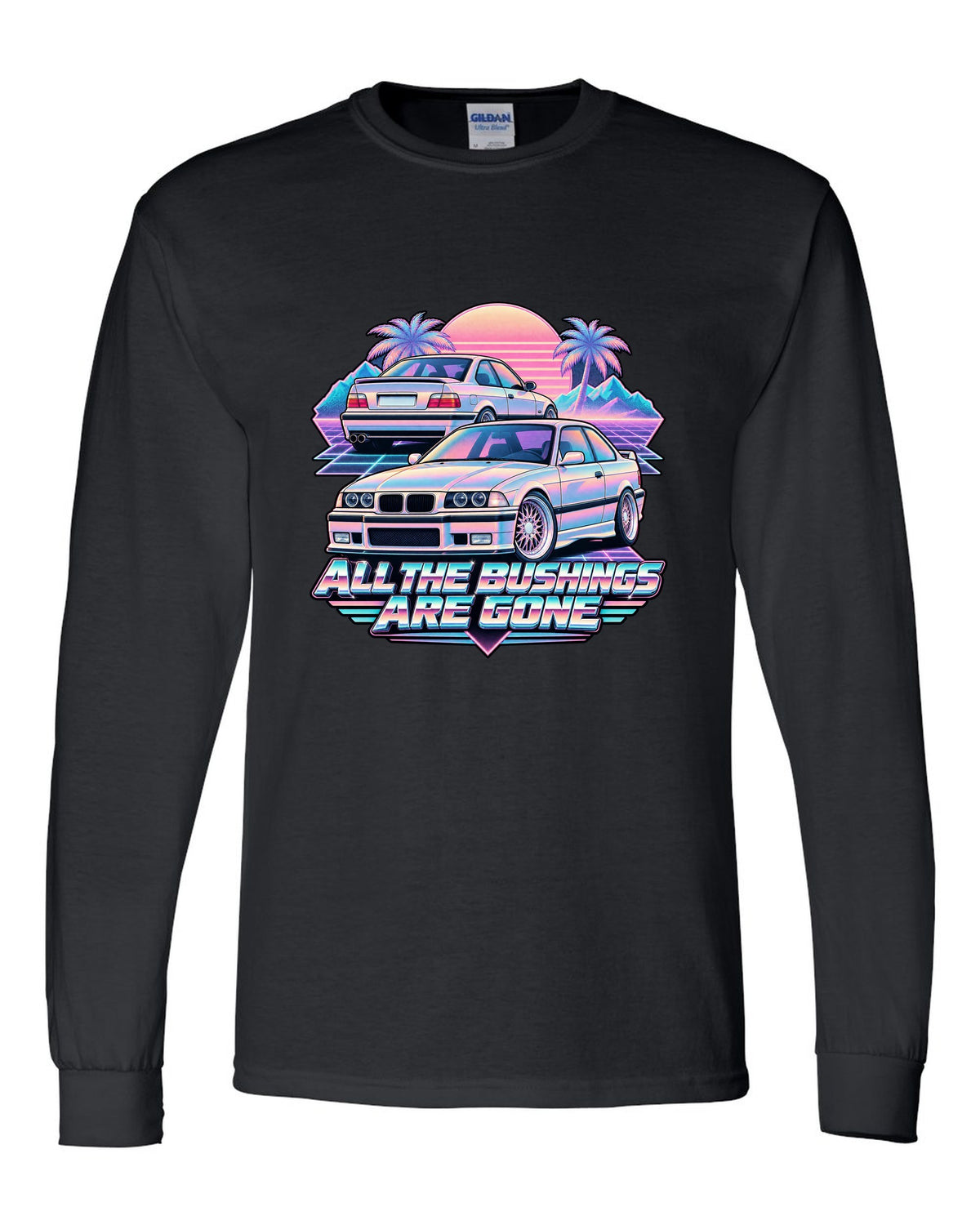 Vaporwave print of a BMW E36 M3 taillight with all the bushings are gone text black long sleeve front view with the design