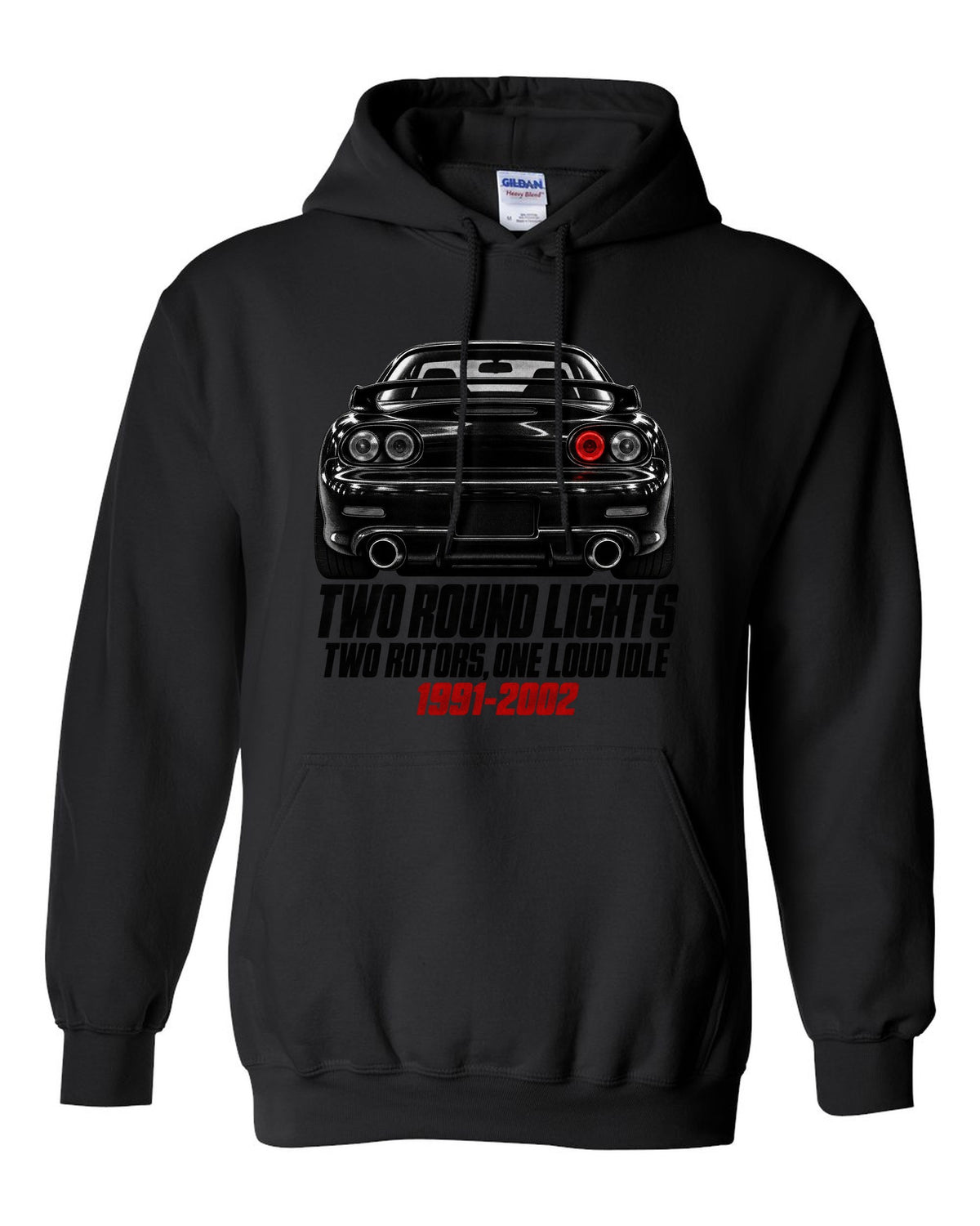 Taillight detail print of a Mazda RX-7 FD3S with two round lamps black pull over hoodie front view with the design