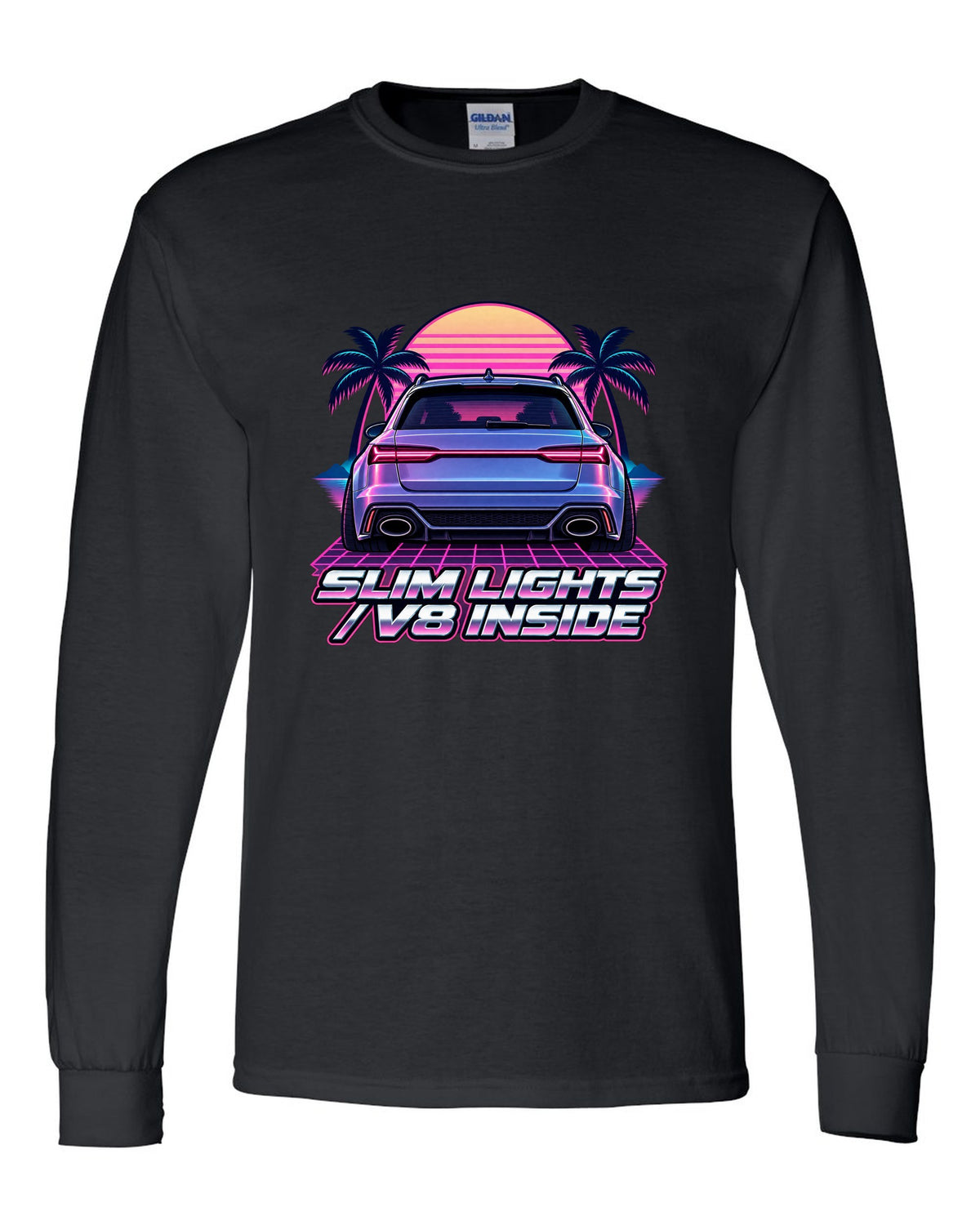 Pastel vaporwave design of the Audi RS6 Avant C7 4G with slim lights V8 inside lettering black long sleeve front view with the design