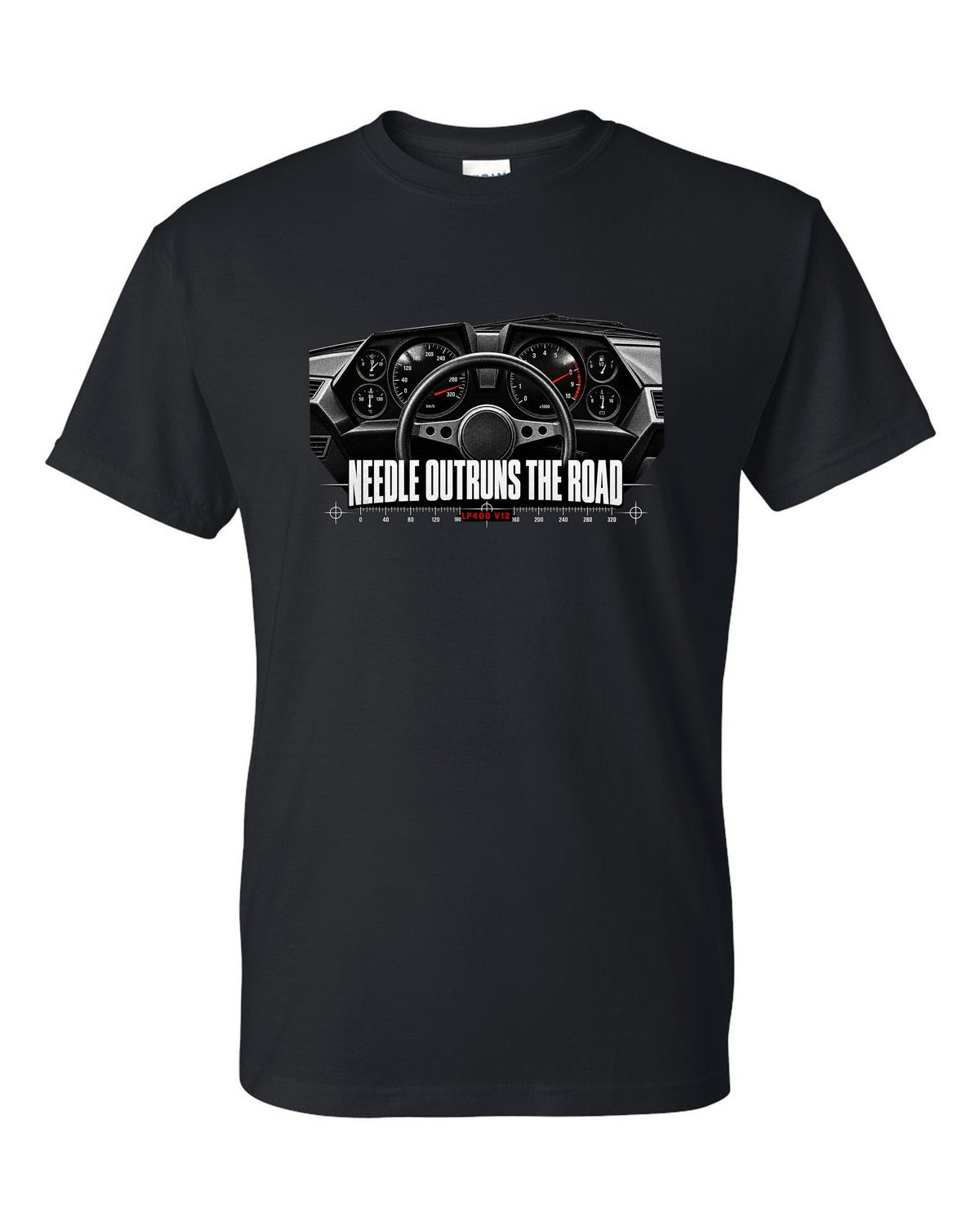 Cockpit gauge print of a Lamborghini Countach LP400 interior with needle outruns the road text black t-shirt front view with the design