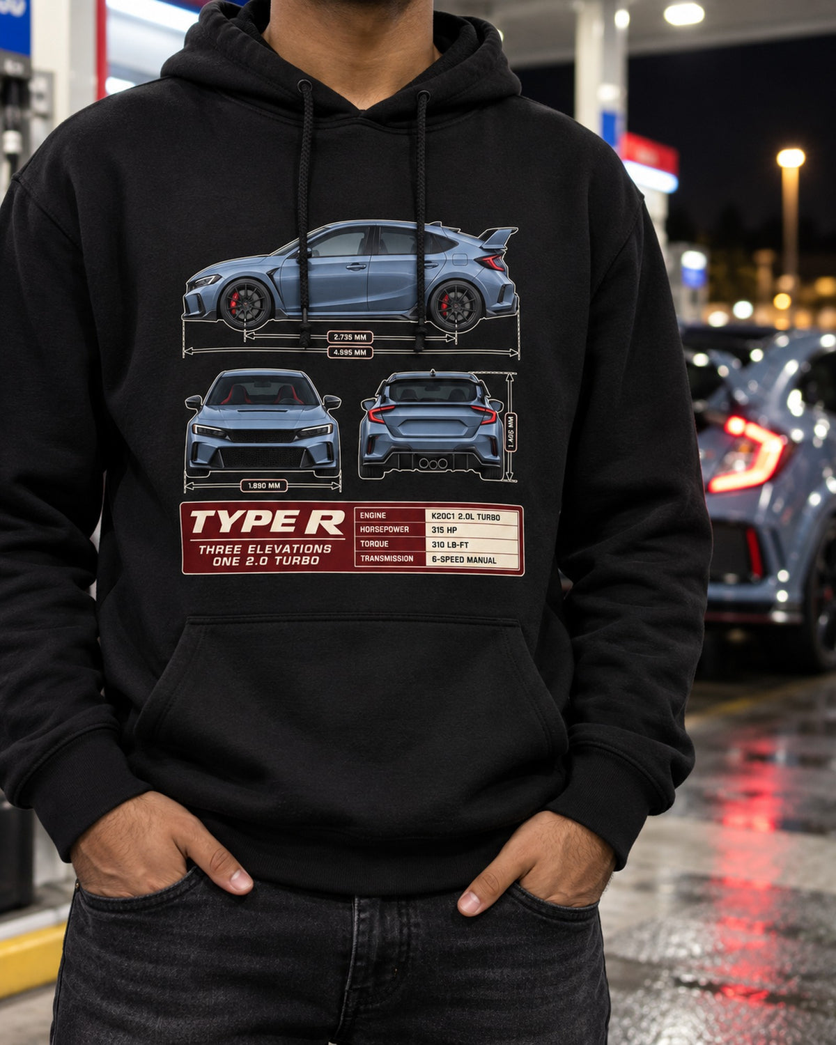 Civic Type R FL5 Three-View Spec Sheet Tee for Car Guys Pull Over Hoodie Black worn hero