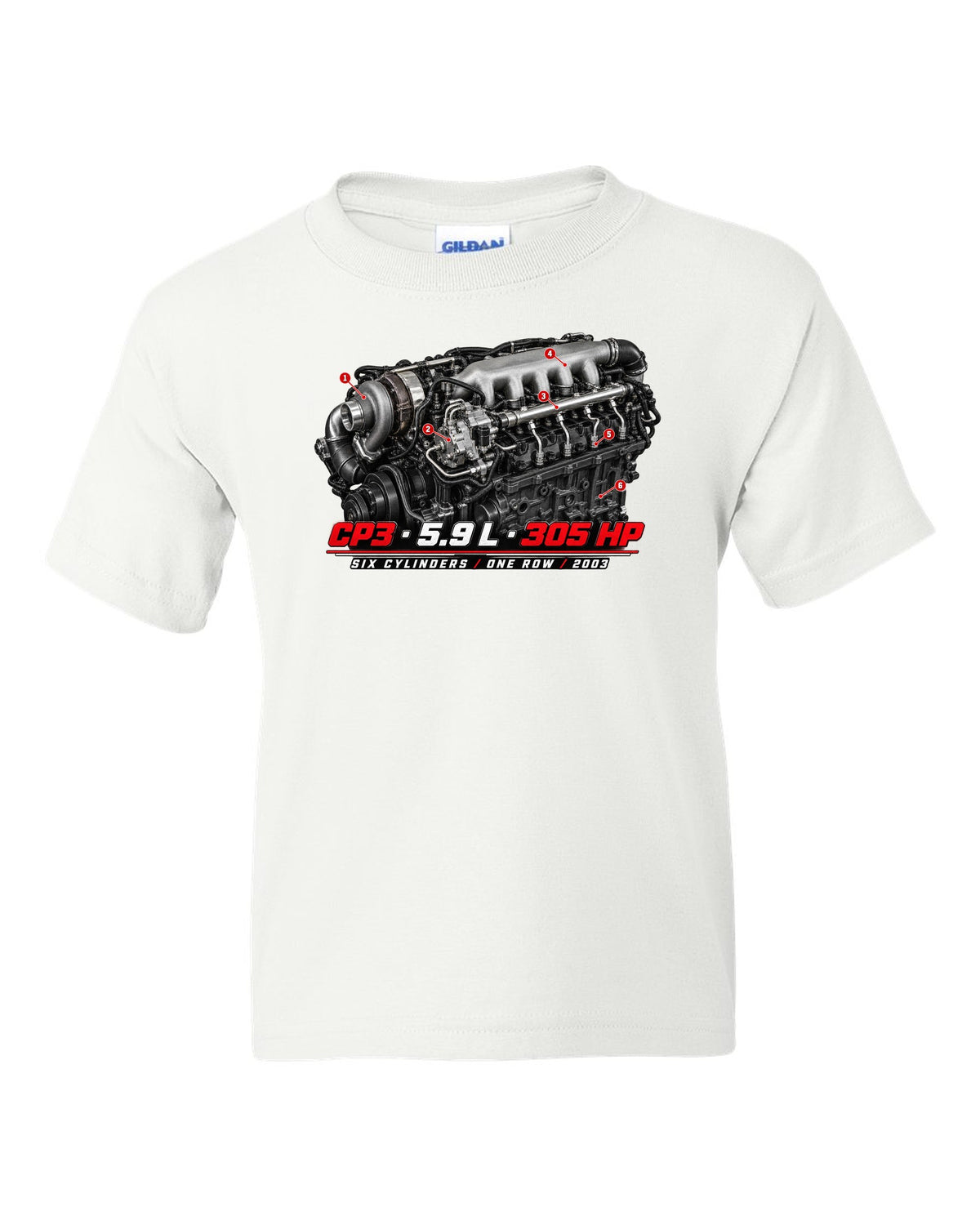 Engine hero print of a 5.9 L inline-six common rail turbo diesel with CP3, 5.9 L, 305 HP white kids tee front view with the design