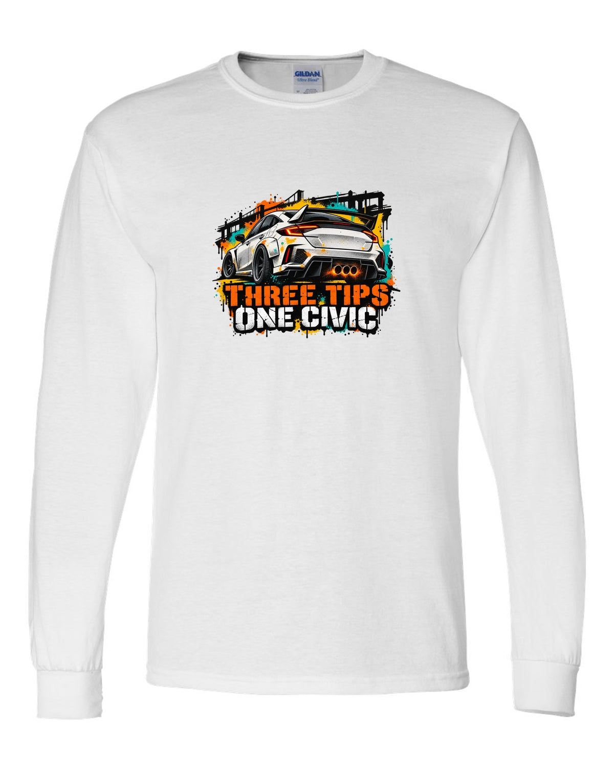 Stencil spray street art print of a 2023 Honda Civic FL5 ch with three tips one Civic text white long sleeve front view with the design