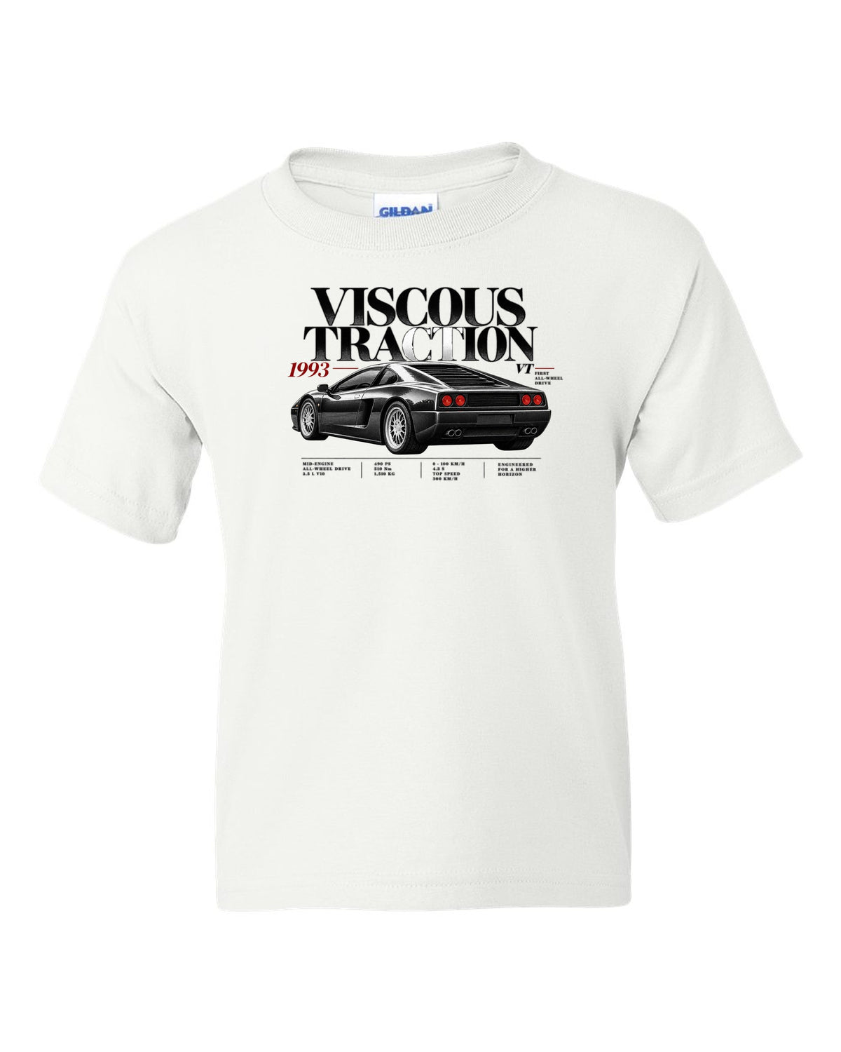 Editorial print of a Lamborghini Diablo VT with viscous traction and first all-wheel drive text white kids tee front view with the design