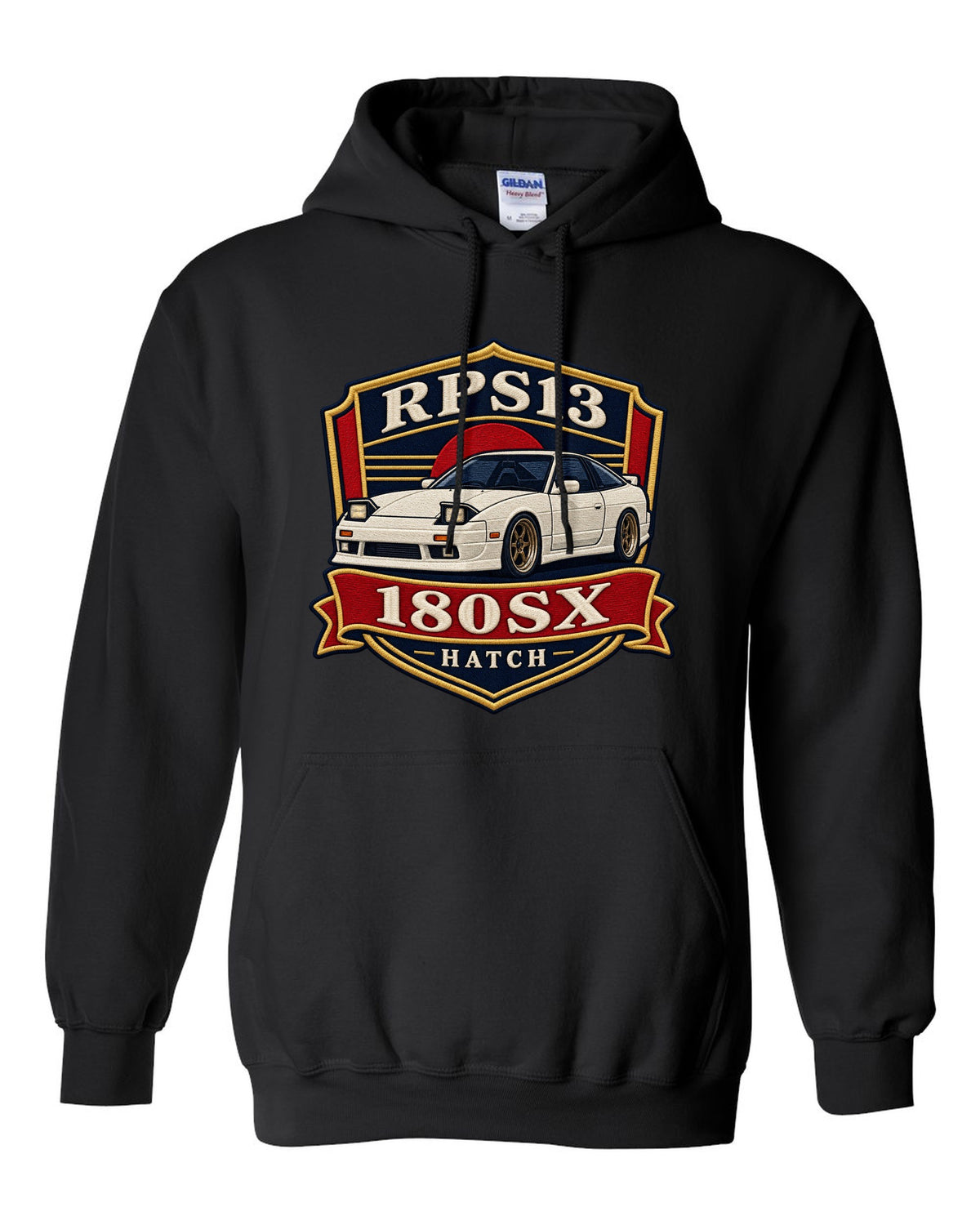Shield crest print for the Nissan 180SX RPS13 chback black pull over hoodie front view with the design