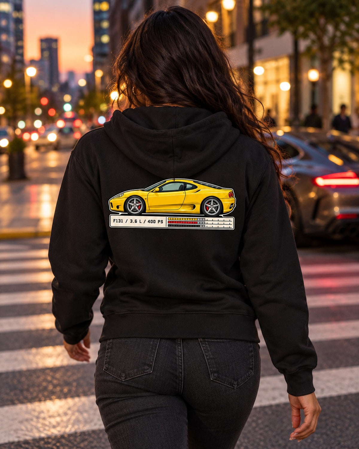 Ferrari 360 Modena F131 Data Plate Shirt, Spec Sheet print Zip Hoodie Black worn hero
