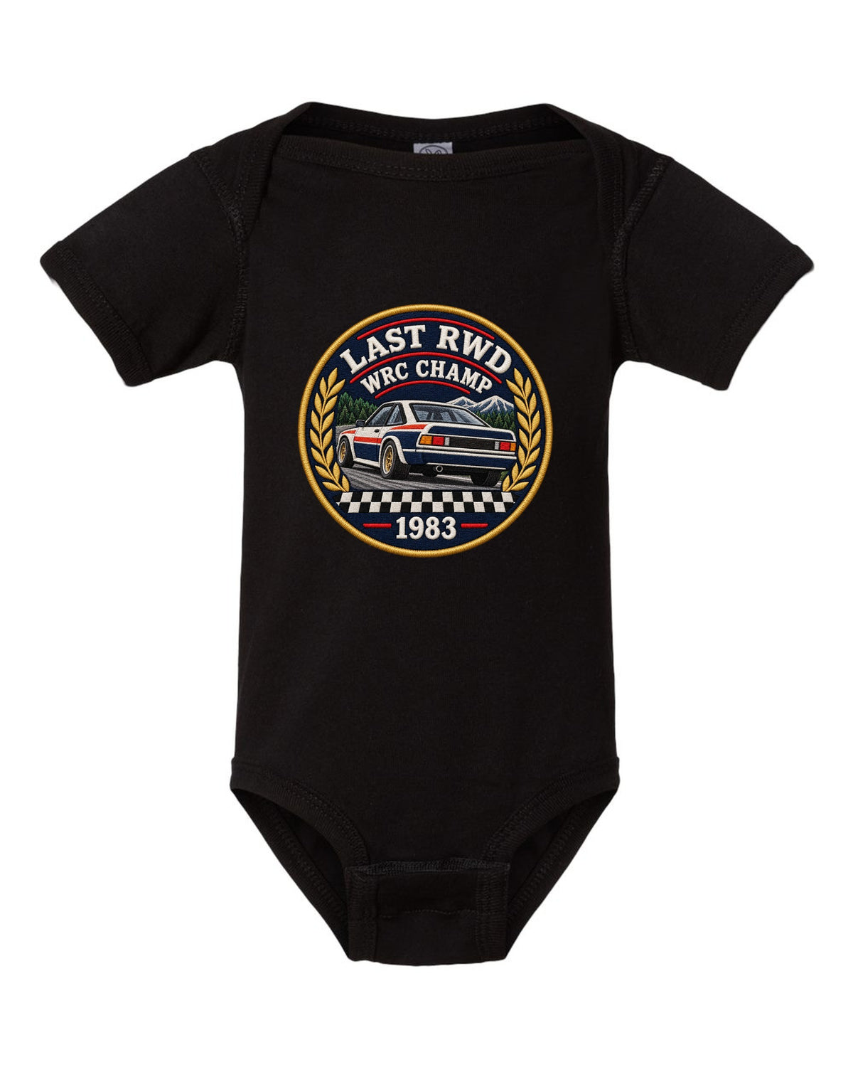 Embroidery patch style print of a 1983 Lancia Rally 037 with Last RWD WRC Champ lettering black baby onesie front view with the design