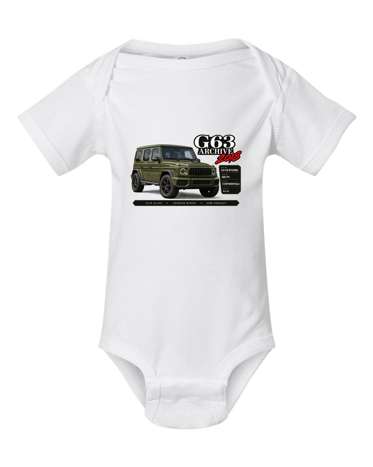 Archive panel print of a Mercedes-AMG G63 W464 with G63 Archive 2018 lettering white baby onesie front view with the design