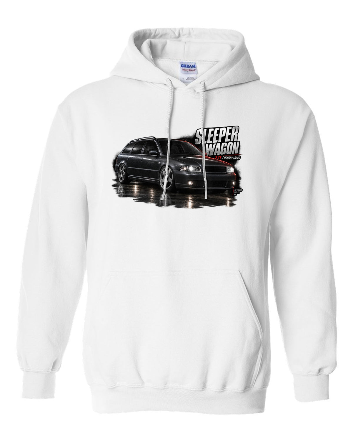 Audi S4 B5 Avant front three-quarter in garage with sleeper wagon 2.7T text white pull over hoodie front view with the design