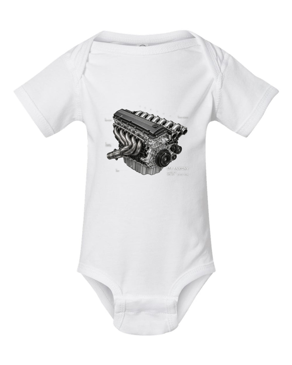 BMW E46 M3 S54 engine anatomy print with 3,246 cc 343 PS and 8,000 rpm text white baby onesie front view with the design