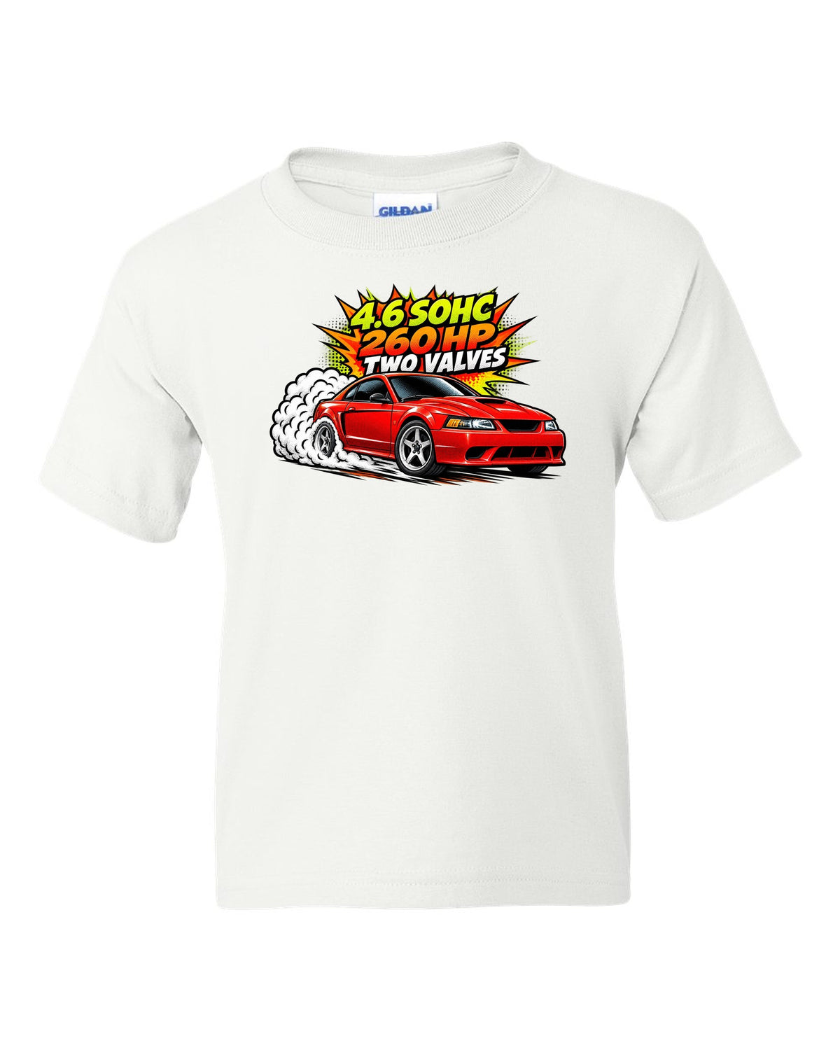 Comic halftone pop-art print of a 1999-2004 Ford Mustang SN95 New Edge burnout white kids tee front view with the design