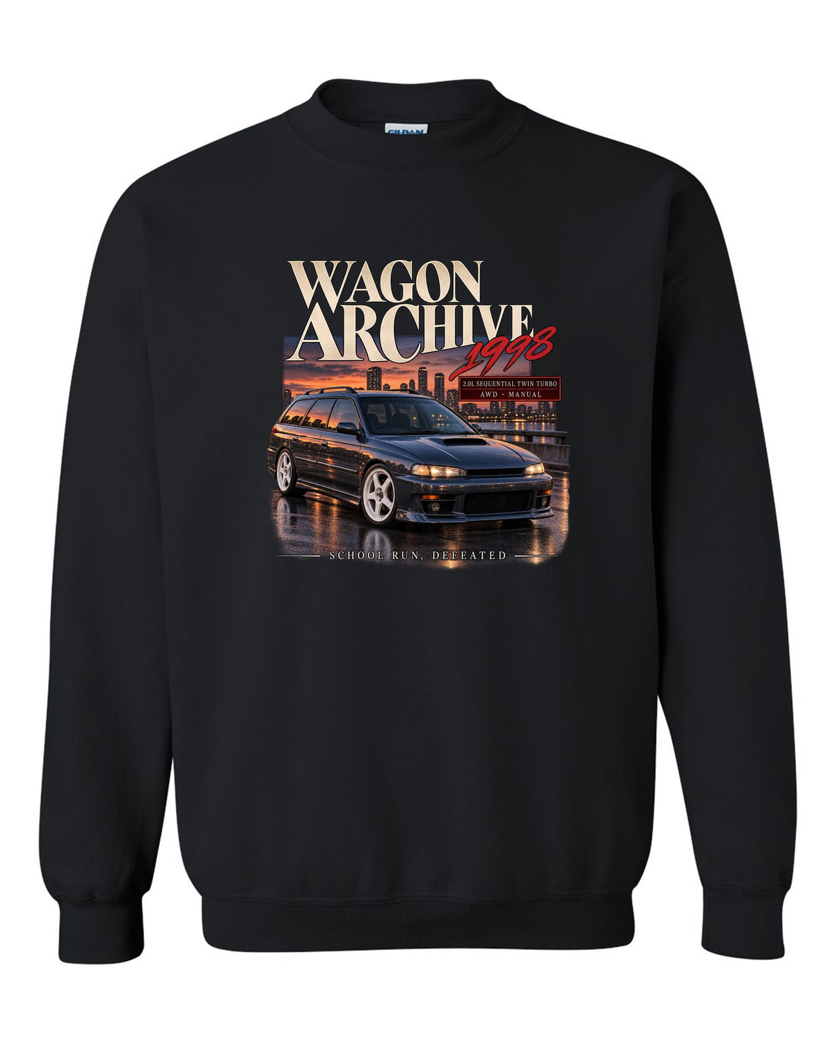 Wagon archive print for the Subaru Legacy GT-B BH5 reading 2.0L sequential twin turbo, school run, defeated black crewneck front view with the design