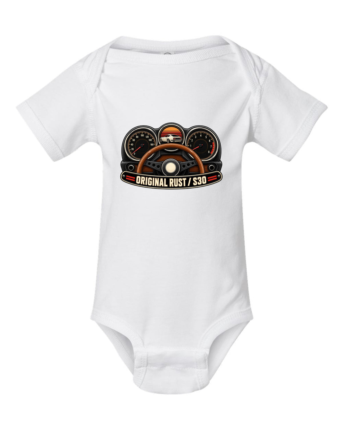 Analog gauge cluster print for the Datsun 240Z S30 reading Original Rust white baby onesie front view with the design