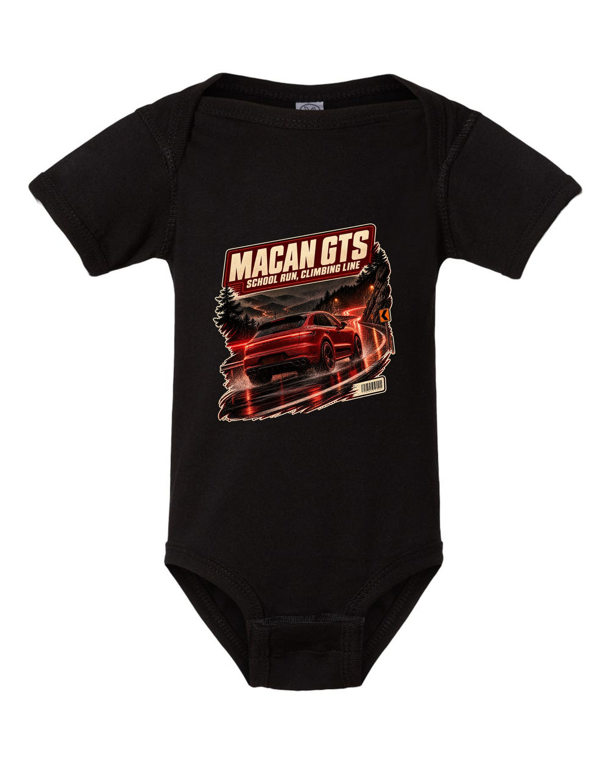 Wet mountain road print of a low front three-quarter Porsche Macan GTS 95B black baby onesie front view with the design