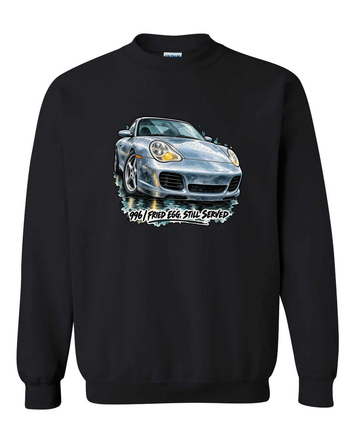 Watercolour ink wash of a Porsche 911 996 on a wet road black crewneck front view with the design